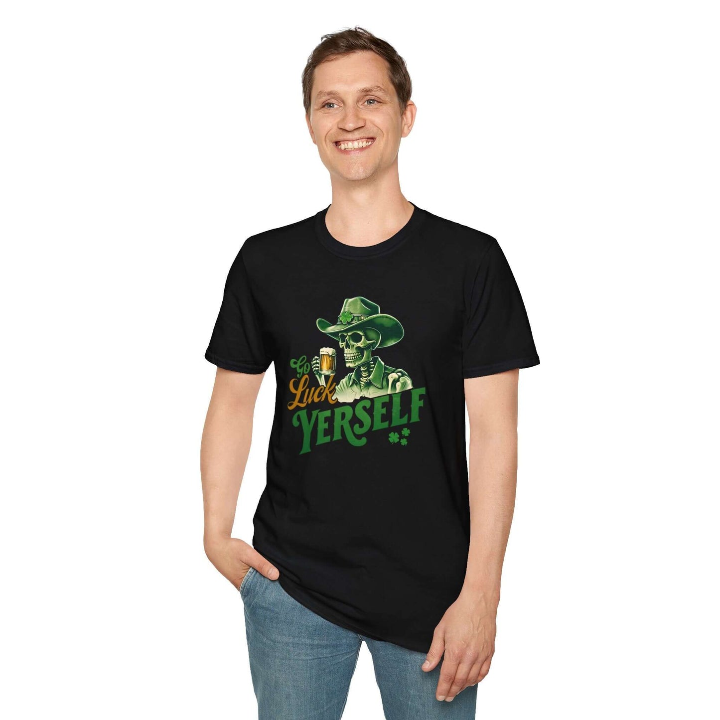 Go Luck Yerself Unisex Softstyle T-Shirt | St. Patrick’s Day Skeleton Cowboy Tee