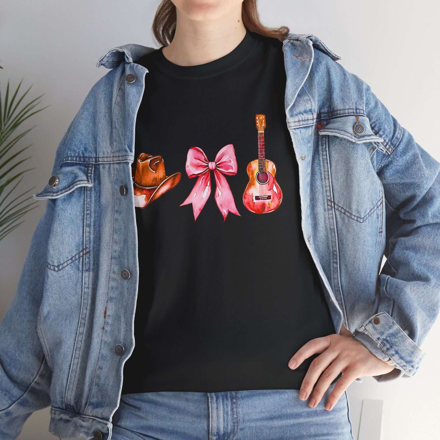 Cowgirl Aesthetic Unisex Heavy Cotton Tee | Western Hat, Bow & Guitar