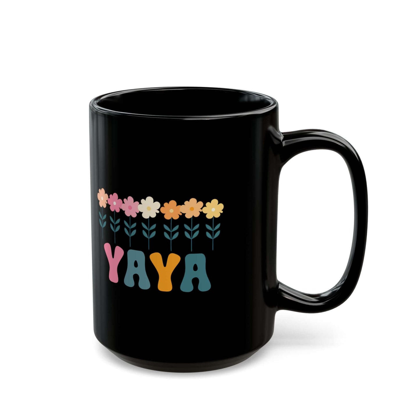 Floral Yaya Black Ceramic Mug (11oz, 15oz) | Retro Yaya Coffee Cup