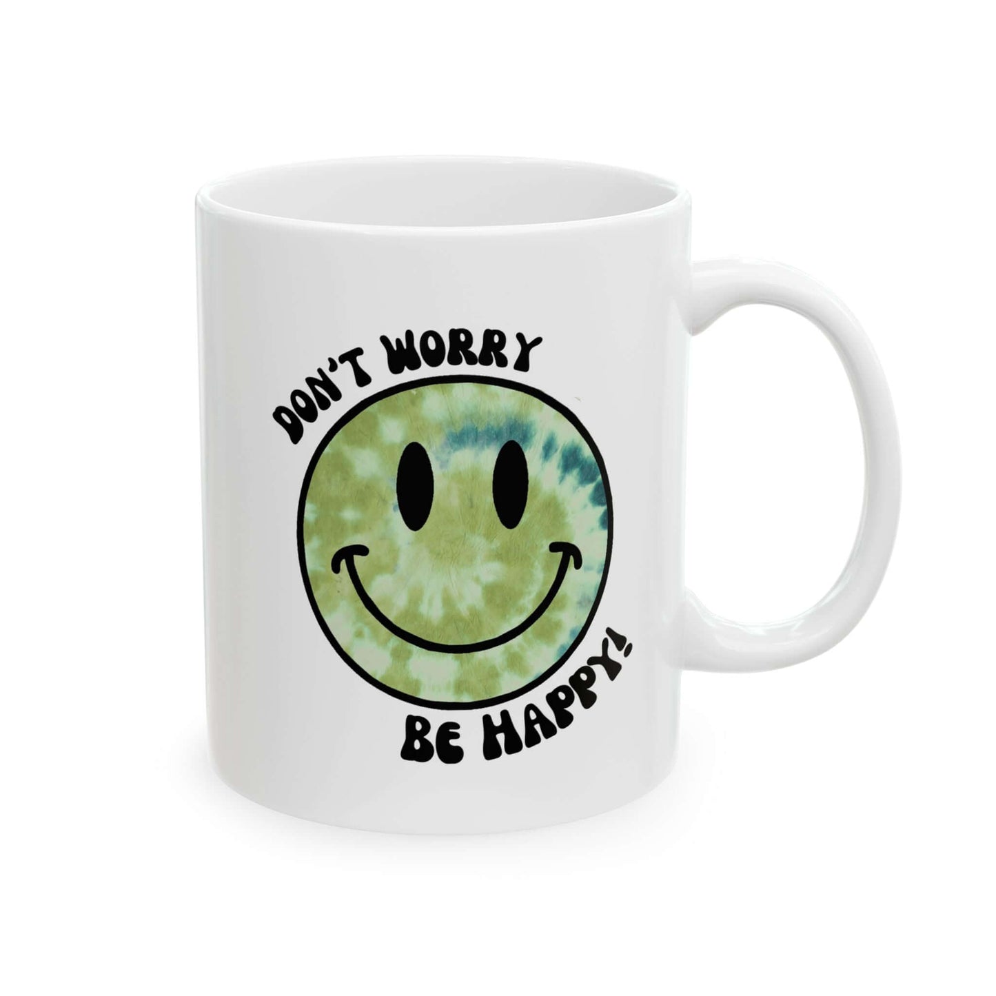 Don’t Worry, Be Happy! Green Tie-Dye Smiley Face Ceramic Mug, (11oz, 15oz)