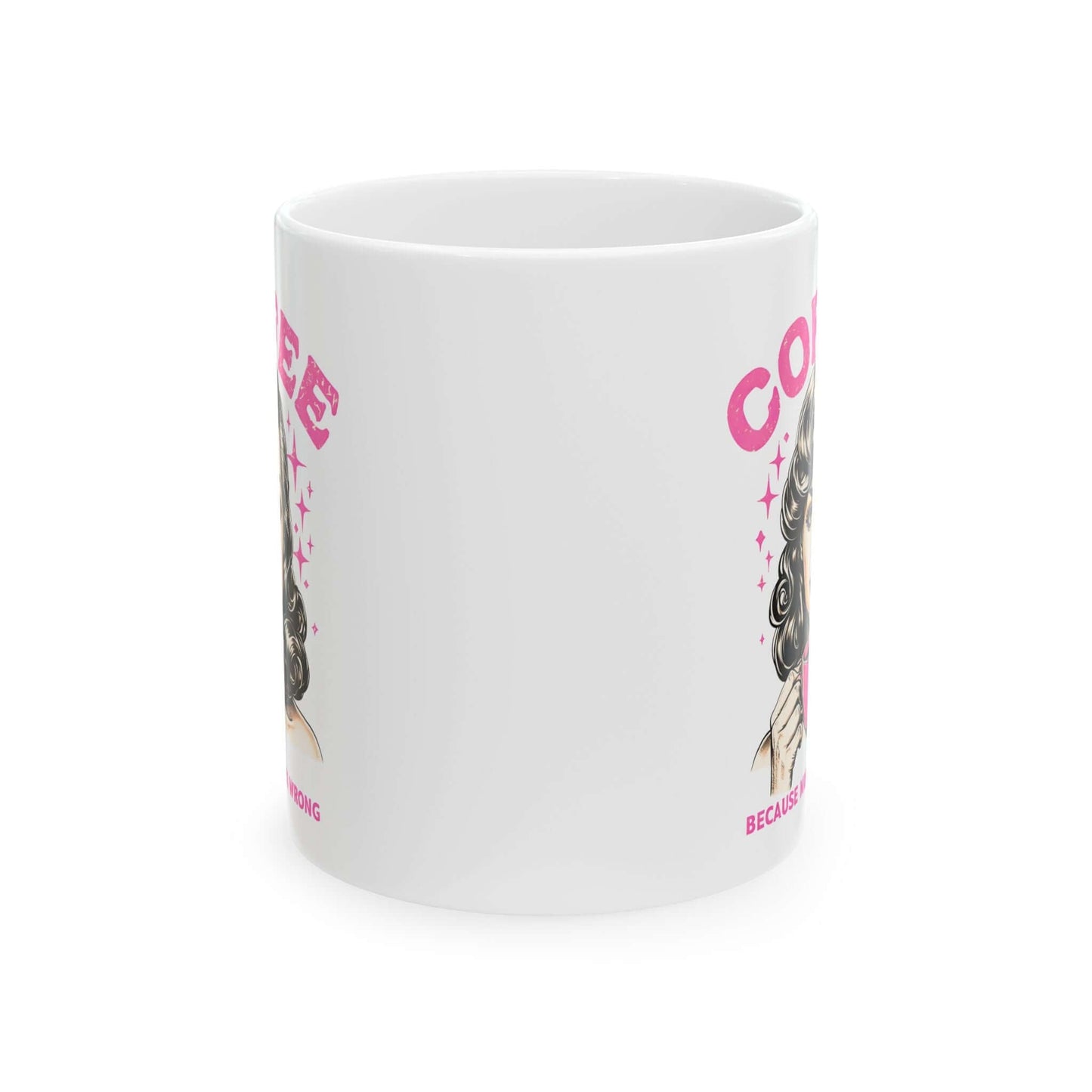 Front view of a white ceramic mug featuring a retro design with ‘Coffee - Because Murder Is Wrong’ text in pink and an illustrated vintage