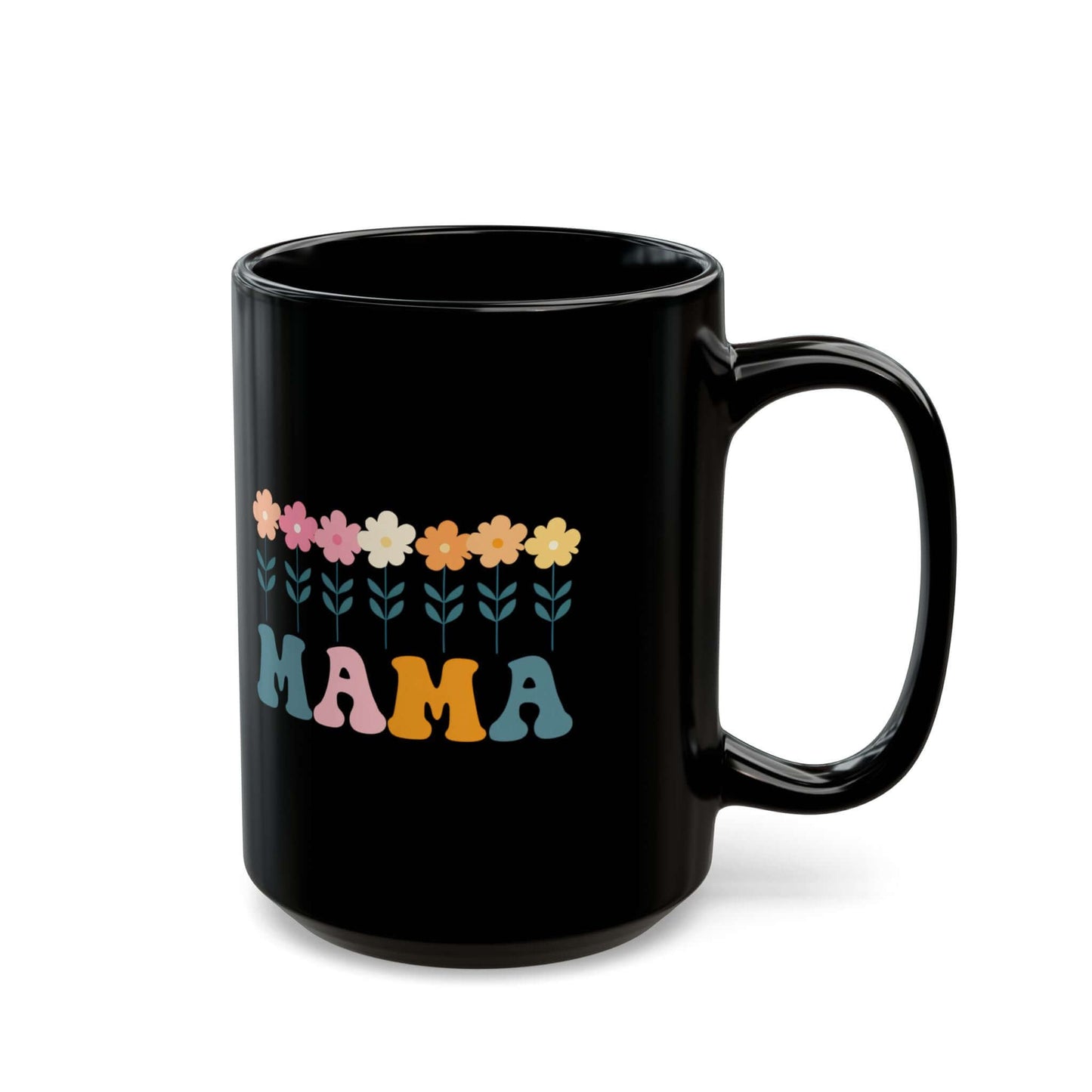 Floral Mama Black Ceramic Mug (11oz, 15oz) | Retro Mama Coffee Cup