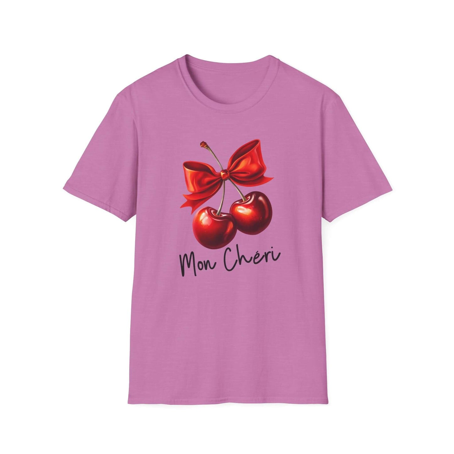 Pink unisex t-shirt featuring a stylish ‘Mon Chéri’ design with two vibrant red cherries tied with a bow and elegant text.