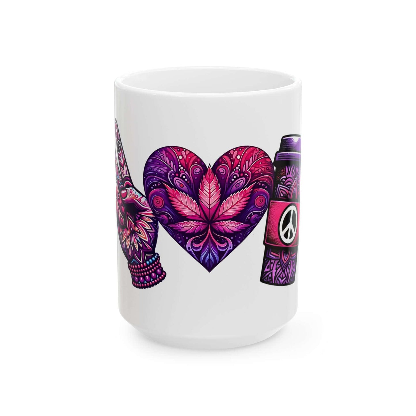 Peace, Love, and Coffee Ceramic Mug, (11oz, 15oz) | Boho-Inspired Ceramic Mug