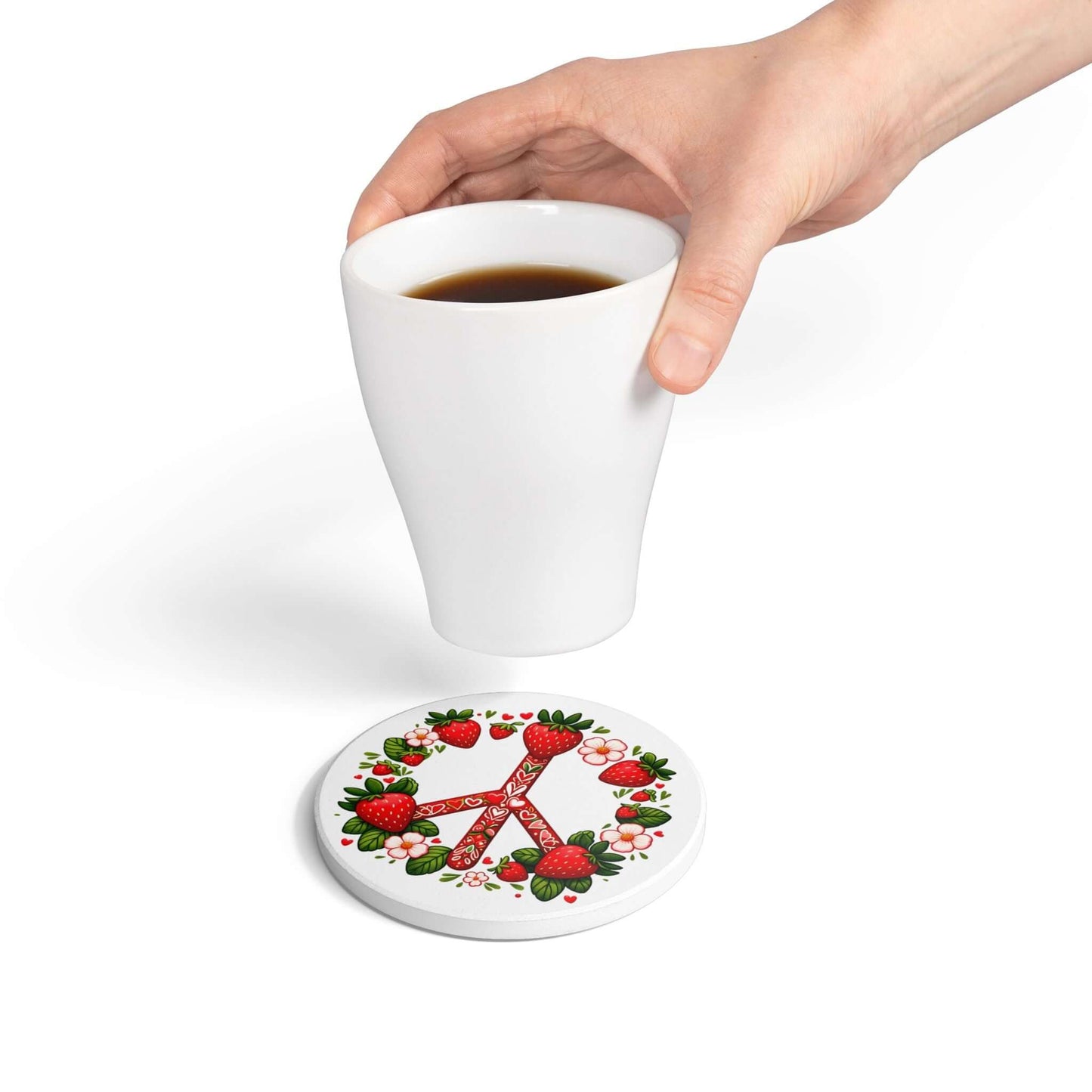 Peace Love Strawberries Ceramic Coaster | Round & Square Options