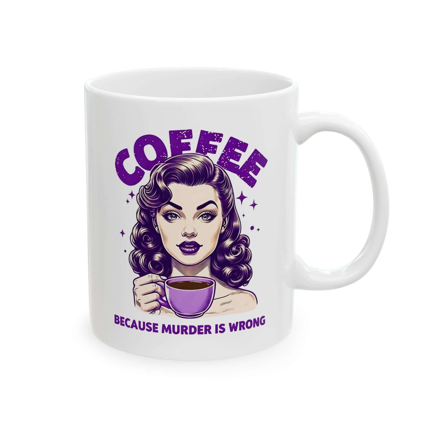 White ceramic mug featuring a retro ‘Coffee - Because Murder Is Wrong’ design in purple with a vintage-style.