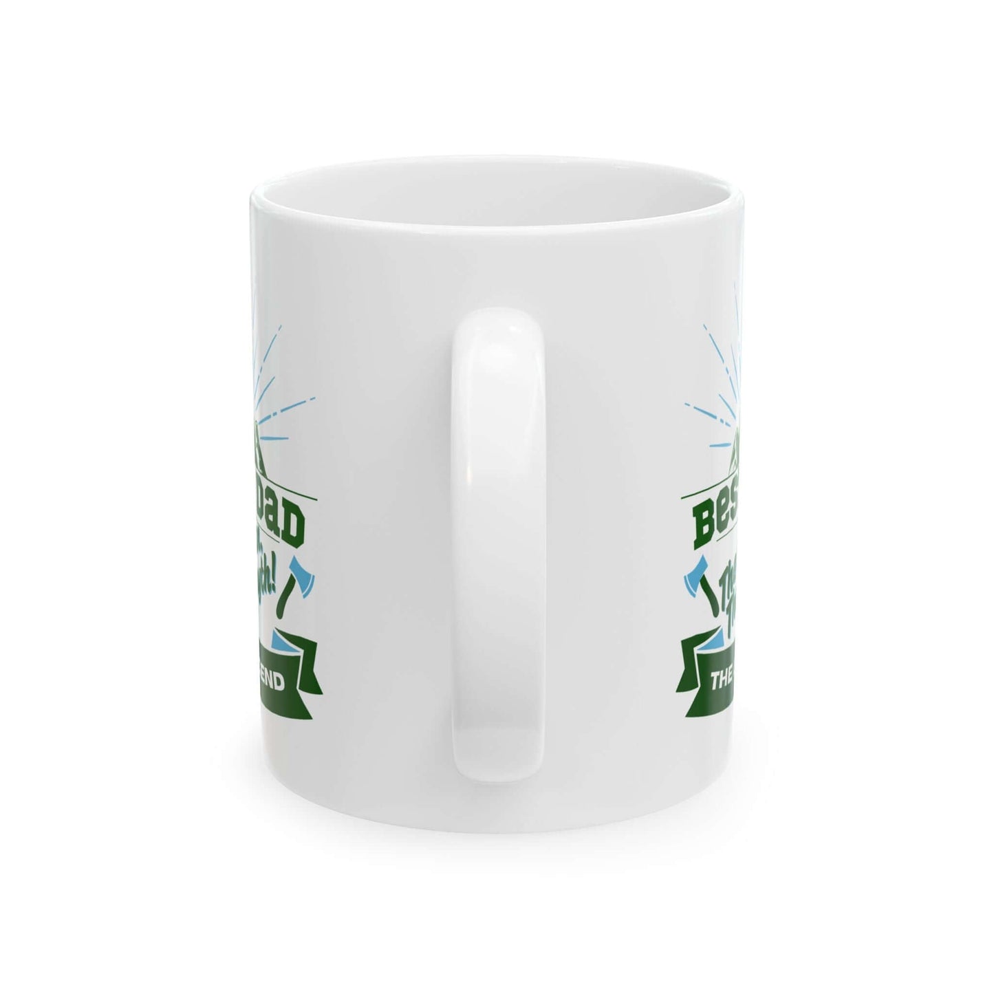 White ceramic mug featuring a graphic design with green and blue text and decorative accents.