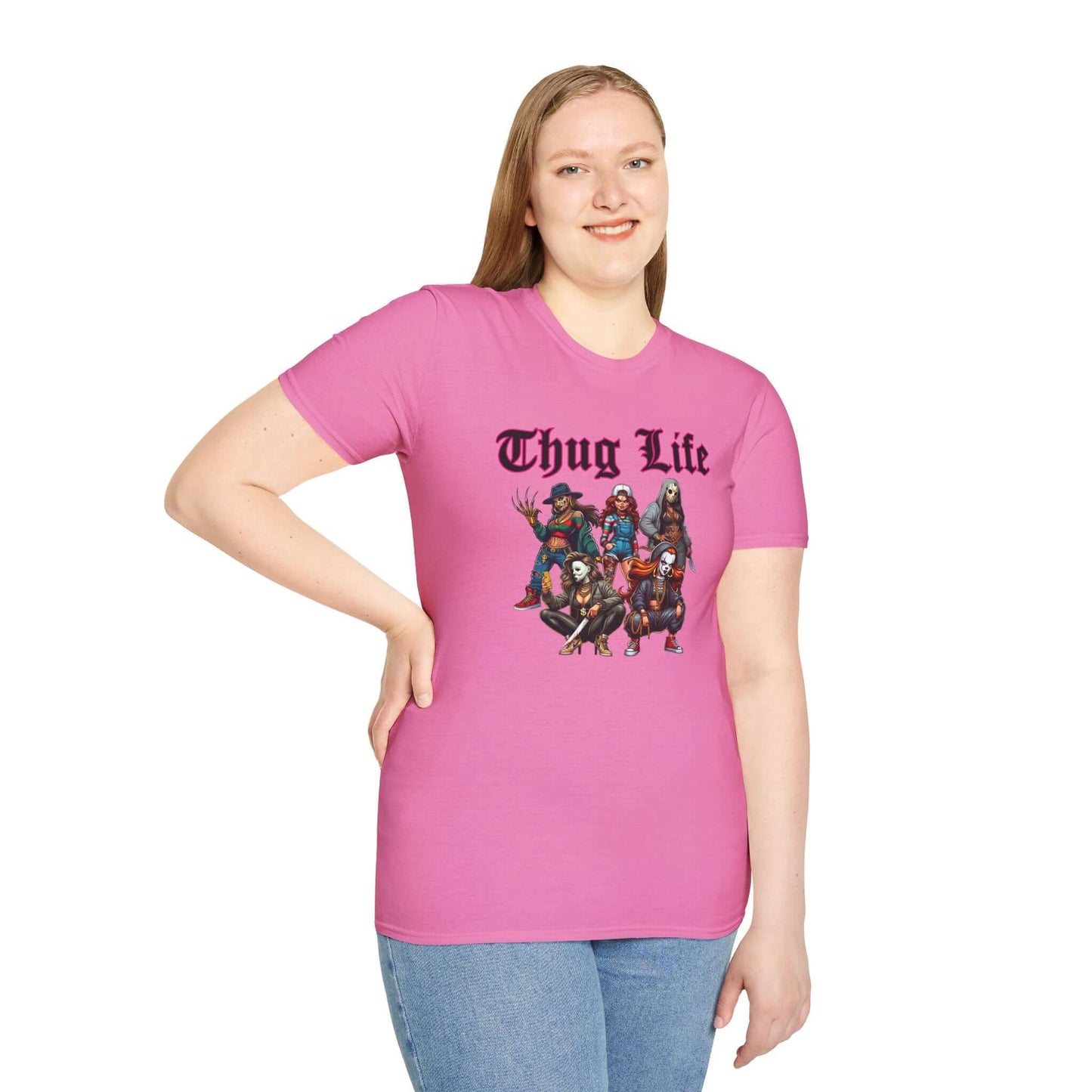 Lady Thug Life Black Font with Pink Outline Horror Character Unisex Softstyle T-Shirt
