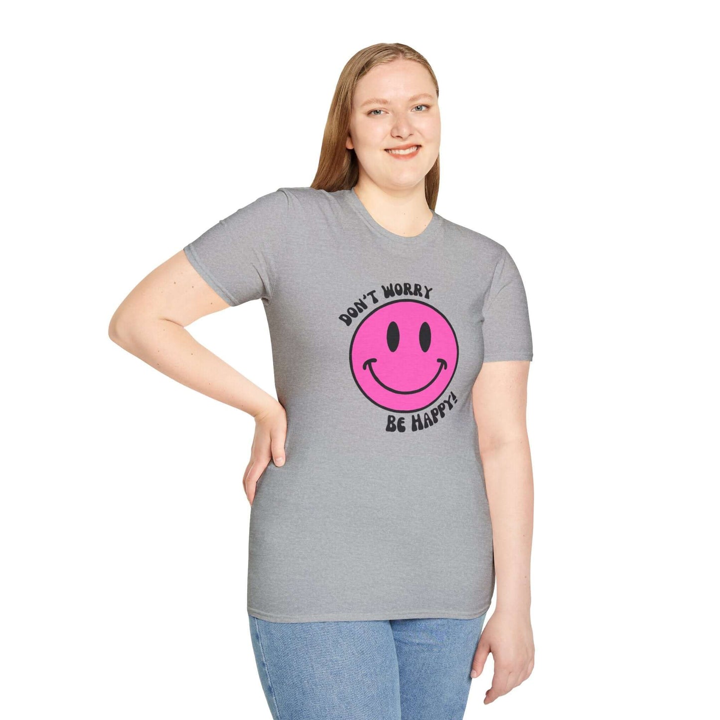 Don’t Worry, Be Happy! Pink Smiley Face Unisex Softstyle T-Shirt