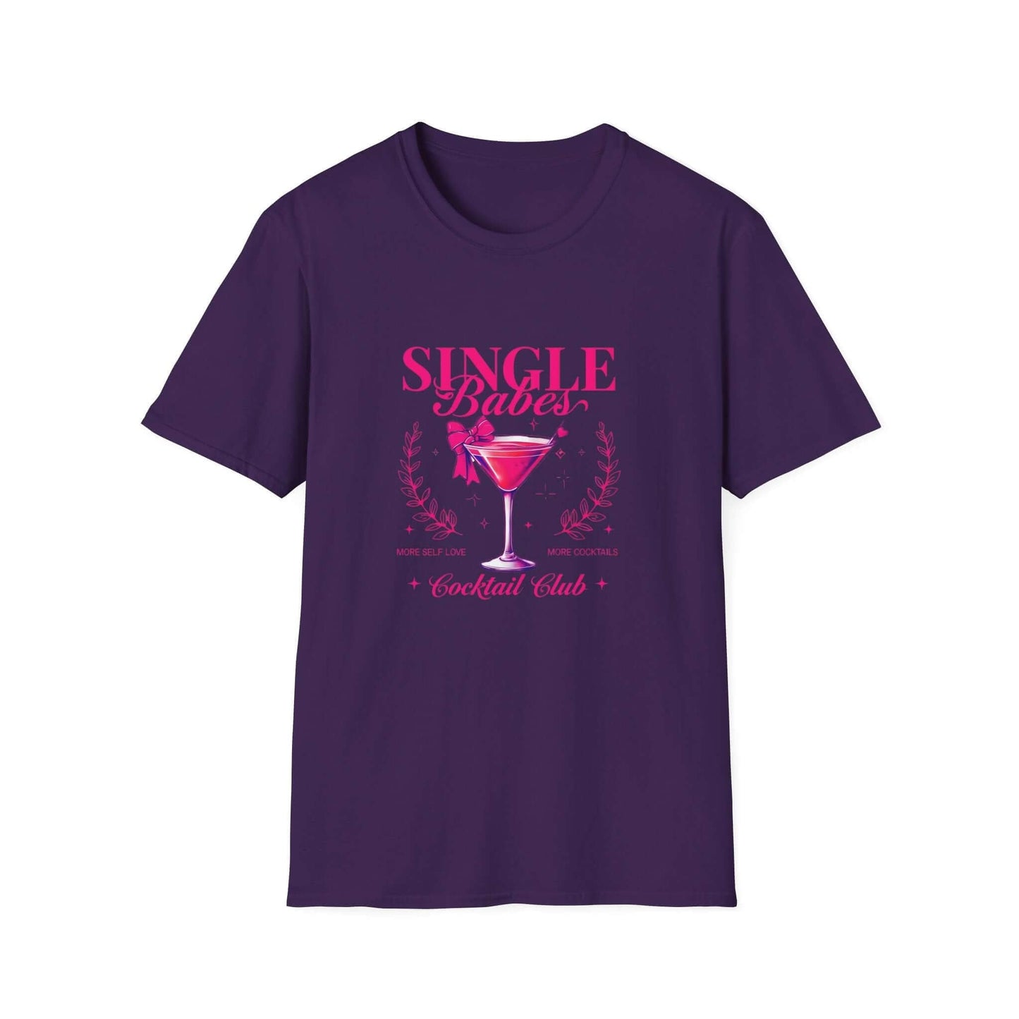 Purple t-shirt featuring the ‘Single Babes Cocktail Club’ design with a pink cocktail glass, floral accents, and elegant script text.