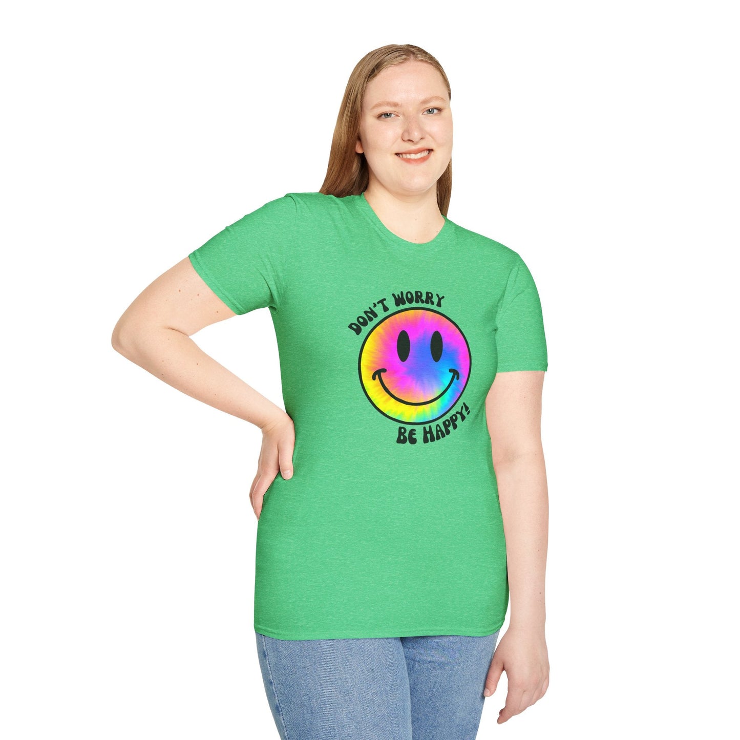Don’t Worry, Be Happy! Rainbow Tie-Dye Smiley Face Unisex Softstyle T-Shirt