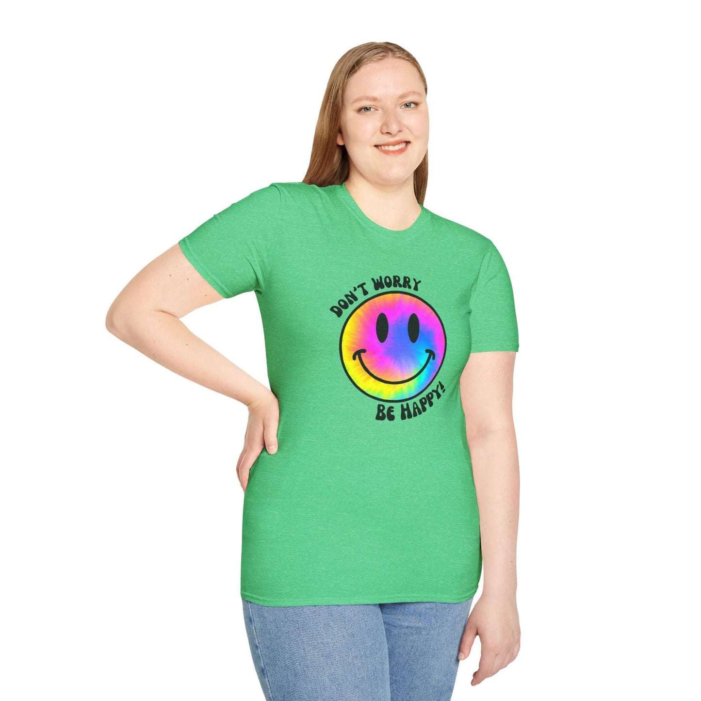 Don’t Worry, Be Happy! Rainbow Tie-Dye Smiley Face Unisex Softstyle T-Shirt