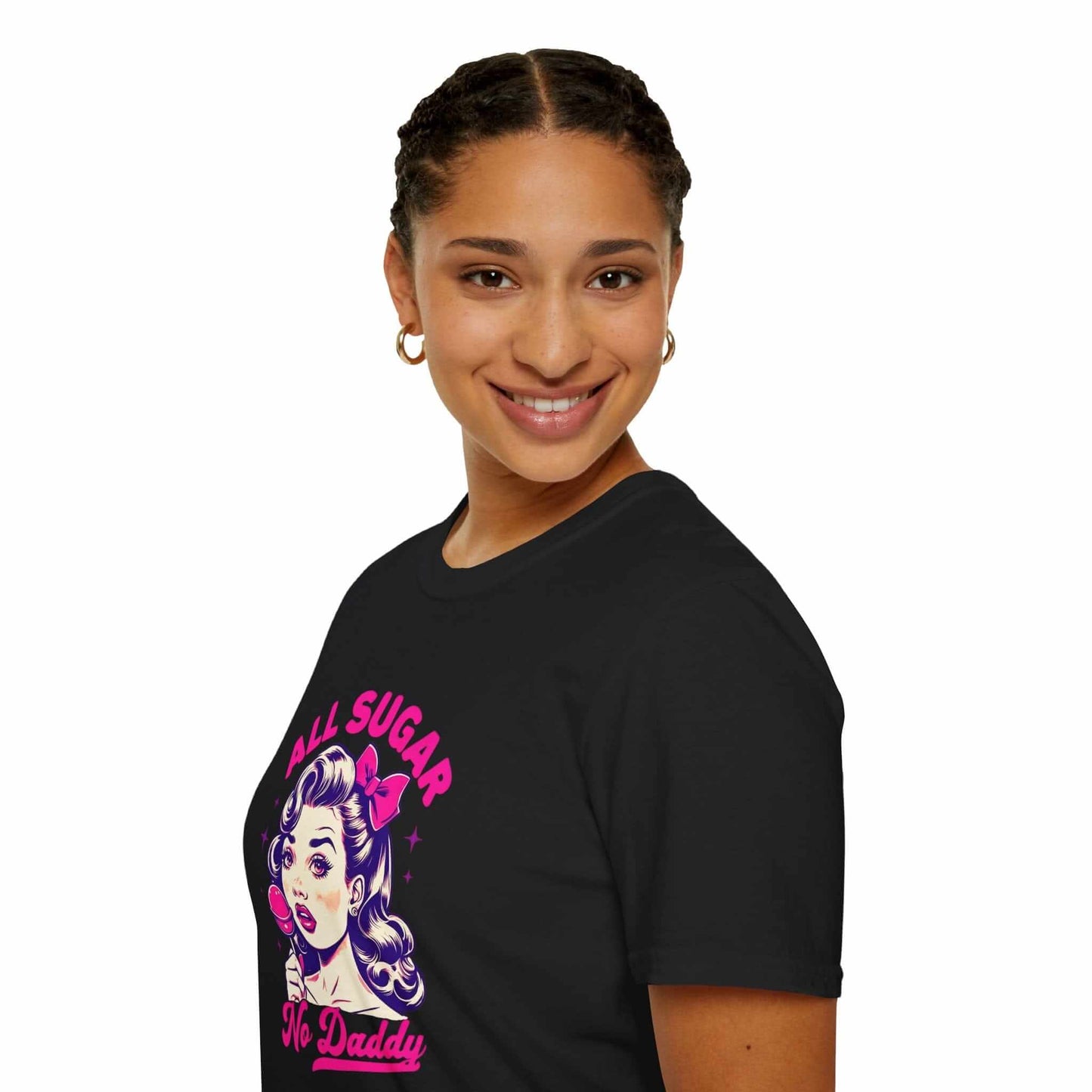 Smiling woman wearing a black unisex t-shirt featuring the bold ‘All Sugar, No Daddy’ retro-inspired design with vibrant colors.