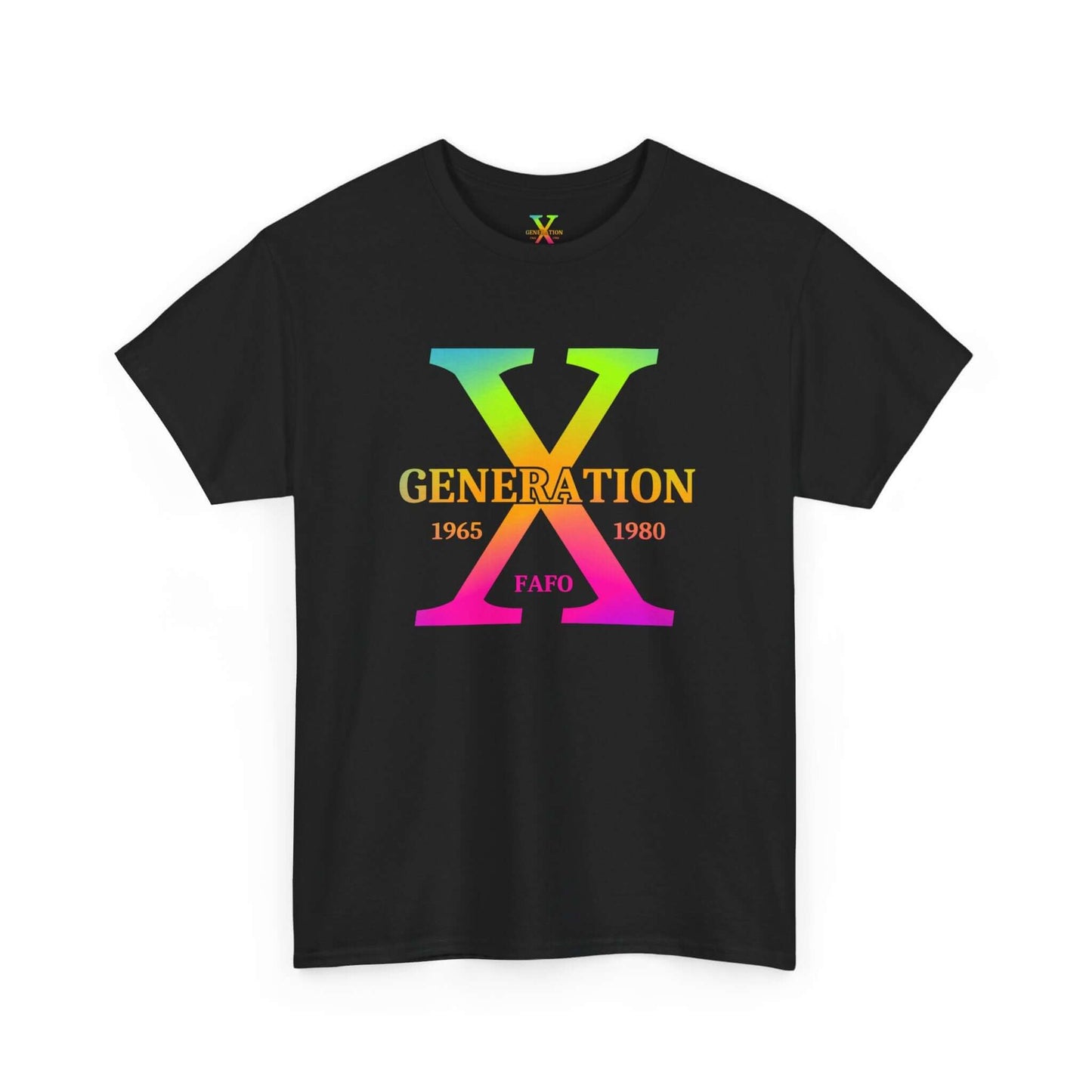 A black t-shirt featuring the “Generation X” design. The bold rainbow gradient color “X” is centered with “Generation” written across it, the years 1965-1980 above, and “FAFO” below. The minimalist yet striking design is part of a print-on-demand collection.