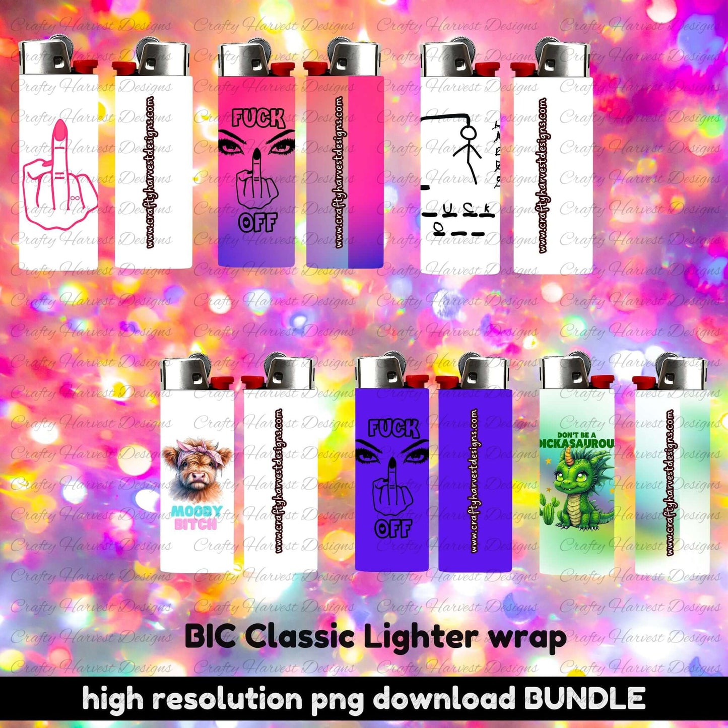 Digital mockup of BIC Classic lighter wraps featuring 10 physical wrap examples. Designs include bold phrases, attitude graphics, humorous sayings, and vibrant colors. Displayed on actual lighter mockups against a bright, colorful background. ‘Digital Download’ and ‘high resolution PNG download bundle’ text appears at the bottom.