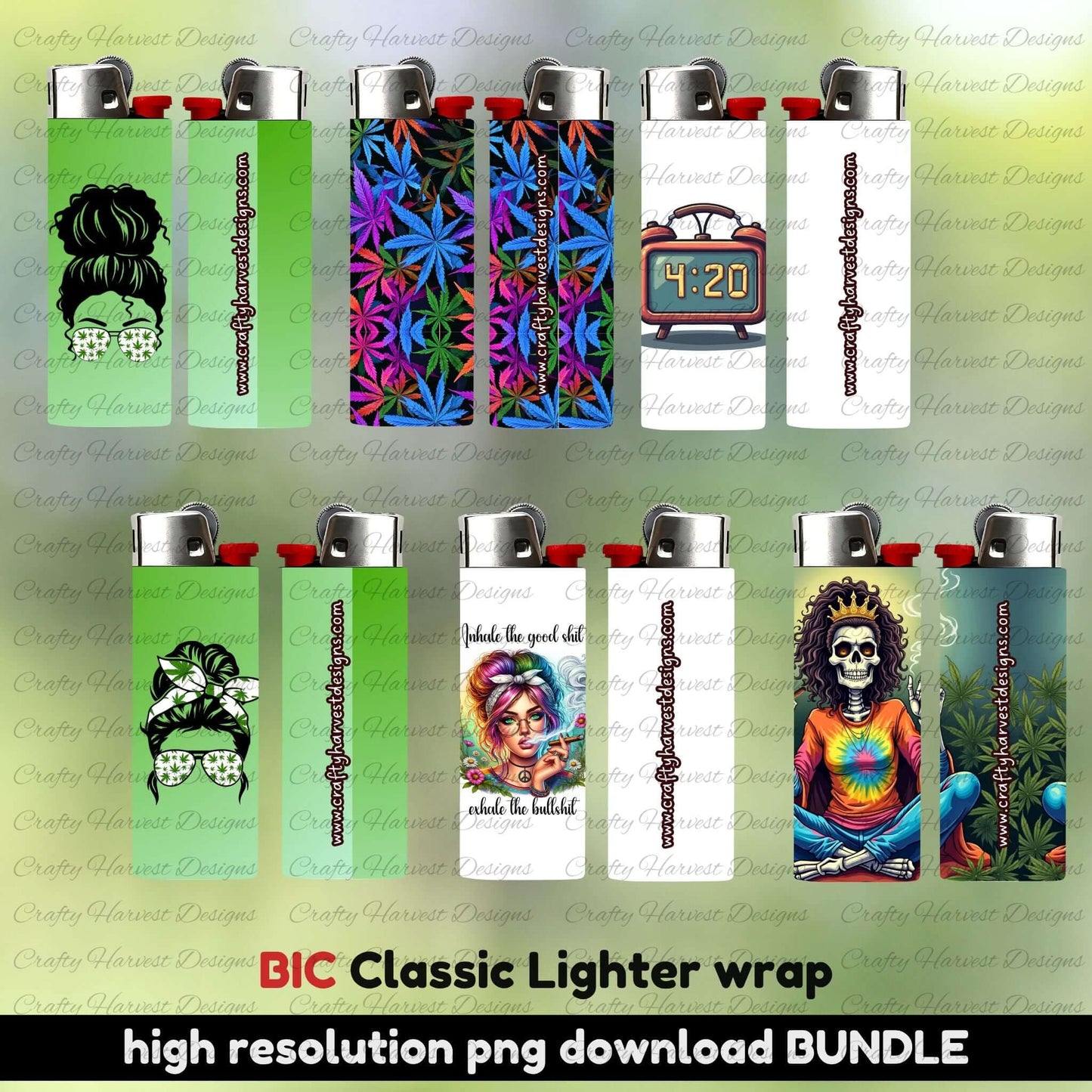 Horizontal mockup of the 420 themed BIC Classic lighter wrap bundle, displaying 10 printed lighter designs with green tones, cannabis graphics, tie-dye skull, 4:20 clock, and colorful smoky illustrations. Green gradient background with bold text highlighting ‘BIC Classic Lighter wrap’ and ‘high resolution PNG download BUNDLE