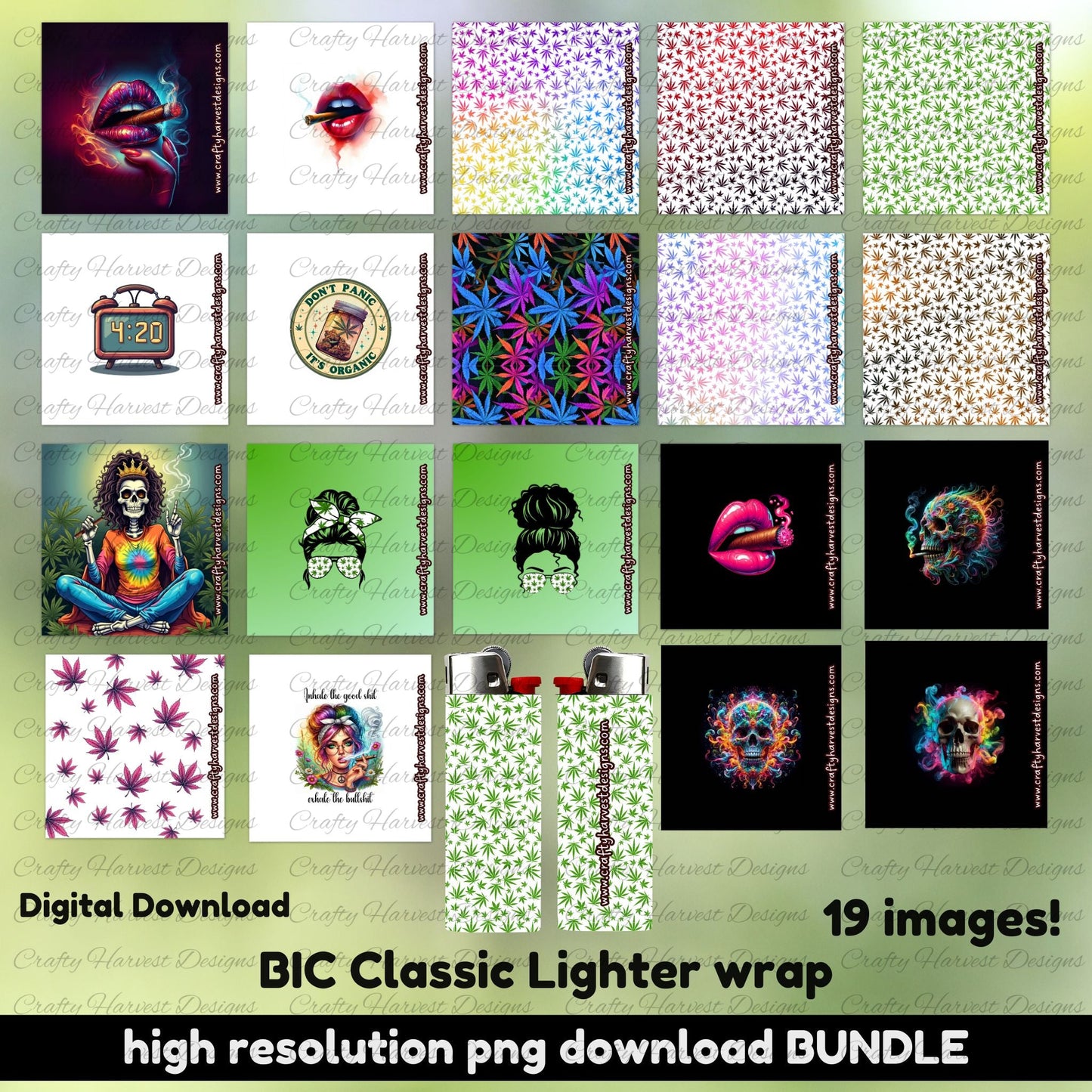20 themed BIC Classic lighter wrap bundle mockup showing 19 PNG designs including colorful cannabis patterns, skull art, lips, tie-dye, and fun green accents. Background features a gradient green hue with bold black and white text highlighting ‘Digital Download’ and ‘high resolution PNG download BUNDLE