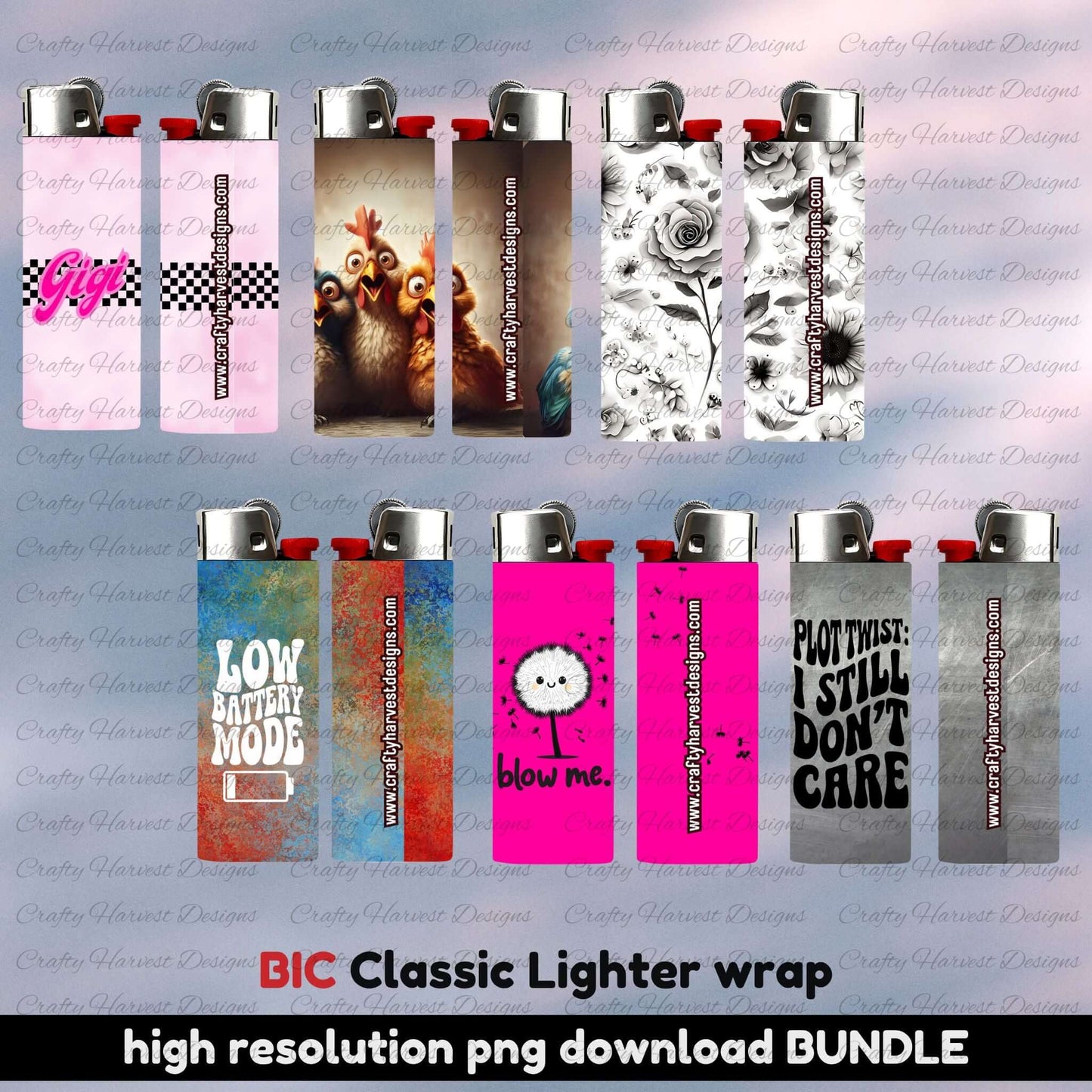 Mockup display of BIC Classic lighter wraps featuring playful PNG designs, including sarcastic quotes, floral patterns, farmhouse chickens, dandelion humor, and vibrant colors. High-resolution digital download bundle for custom lighters.