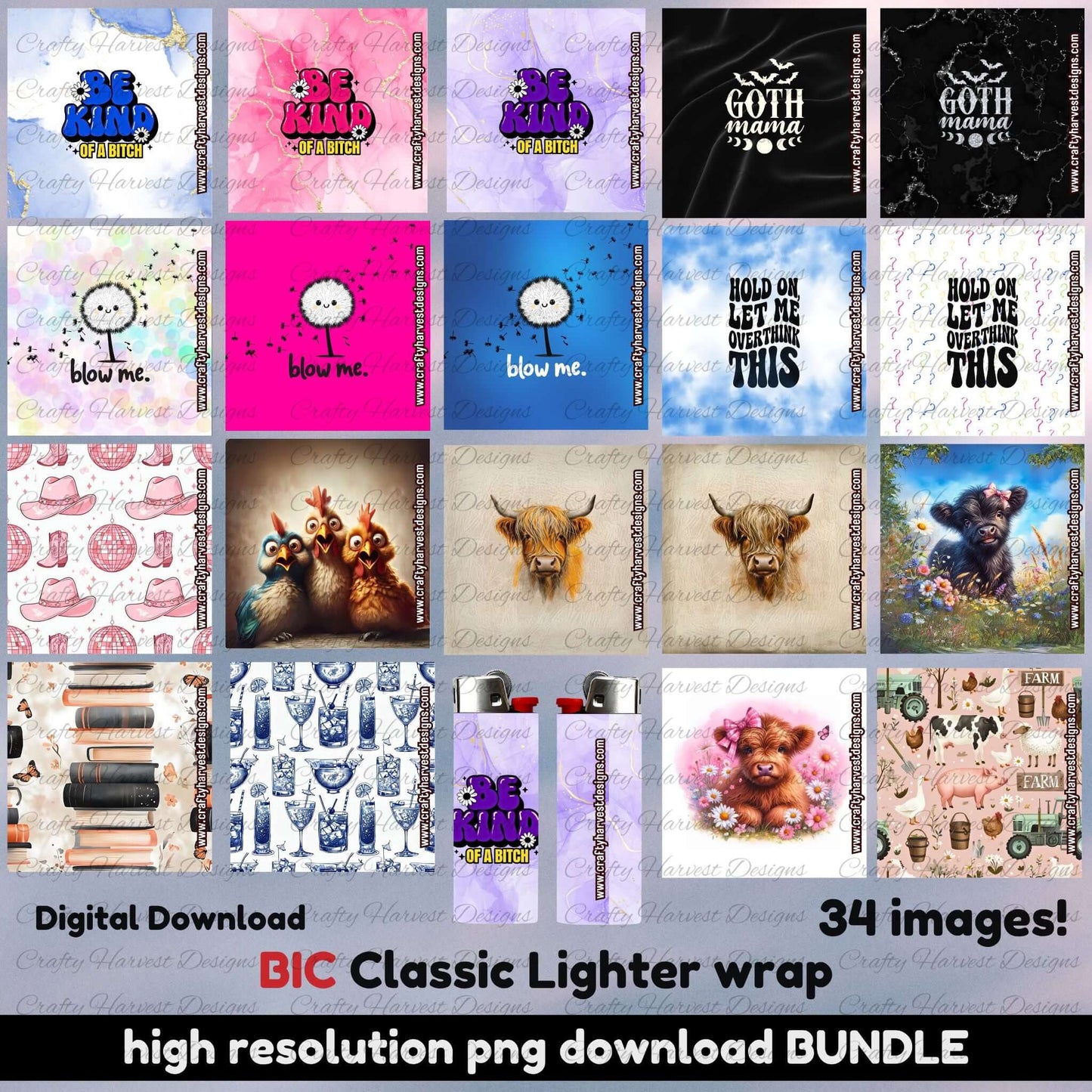 Collage preview of BIC Classic lighter wrap bundle featuring 34 playful PNG designs, including sassy quotes, gothic themes, farmhouse animals, cheeky dandelions, and fun patterns. High-resolution digital download for custom lighter projects