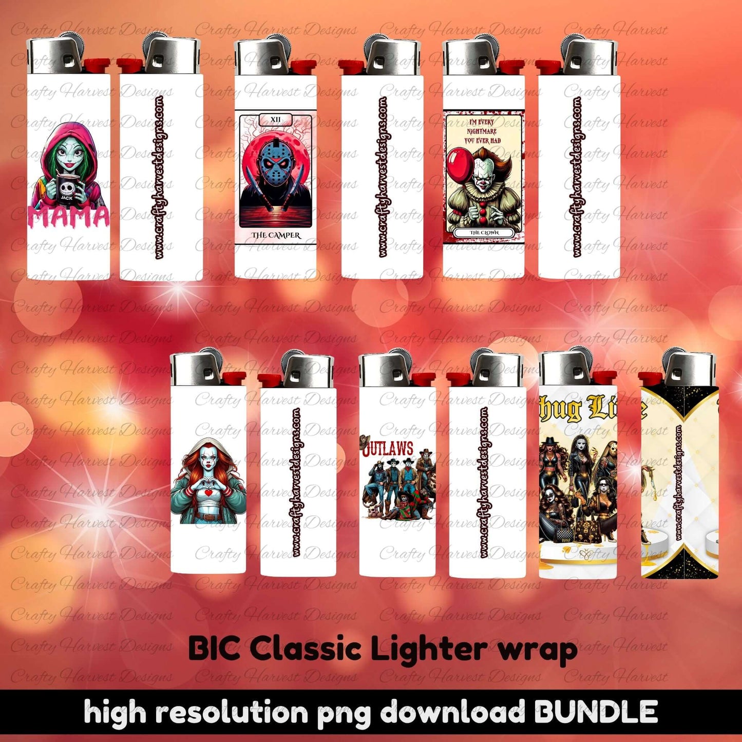 Mockup image of BIC Classic lighter wraps, showing 12 designs applied to lighters. Designs include horror themes like Jason Voorhees tarot, creepy clown, Mama skull graphic, gothic woman, outlaw biker crew, and Thug Life skulls. Image features text: ‘BIC Classic Lighter wrap | high resolution png download BUNDLE.