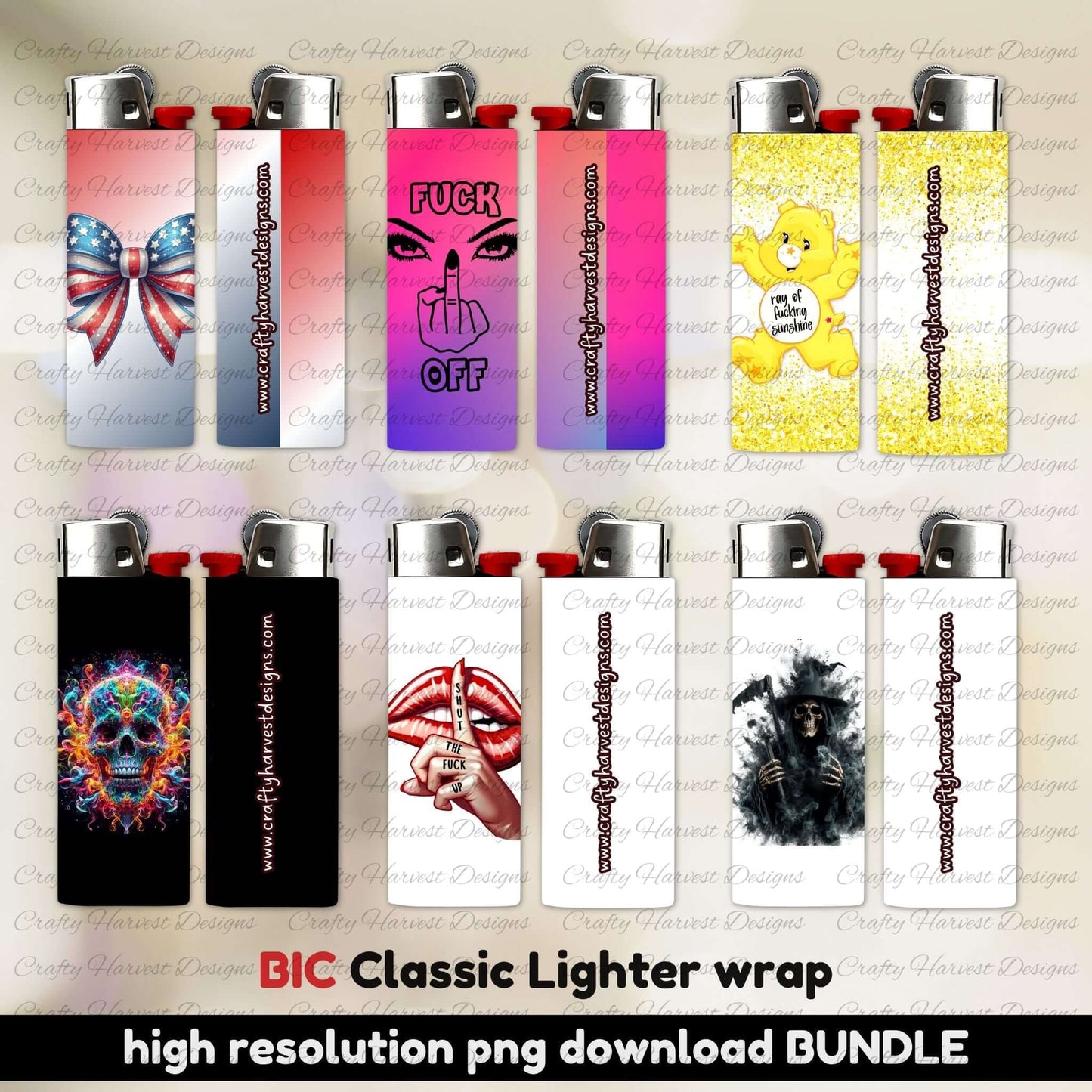 Mockup of Bic Classic lighter wraps applied to lighters. Designs include patriotic bow, ‘Fck Off’ graphic with eyes, yellow bear with bold quote, neon skull, lips with ‘Shut the Fck Up,’ and gothic reaper. Text reads: ‘Bic Classic Lighter Wrap | high resolution png download BUNDLE.’