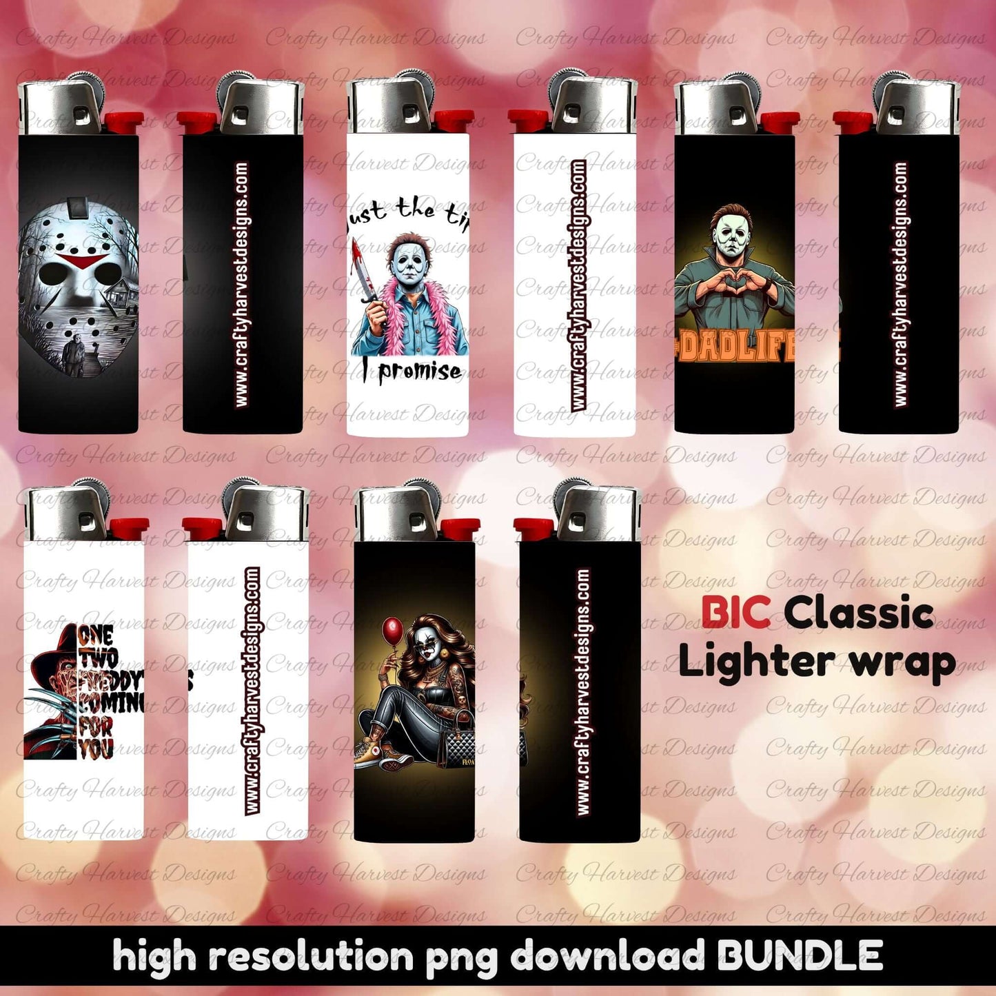 Horror-themed BIC lighter wraps featuring Jason mask, Pennywise, Thug Life design, and creepy clown graphics | Digital download PNGs for classic BIC lighters | High-resolution printable wrap bundle”