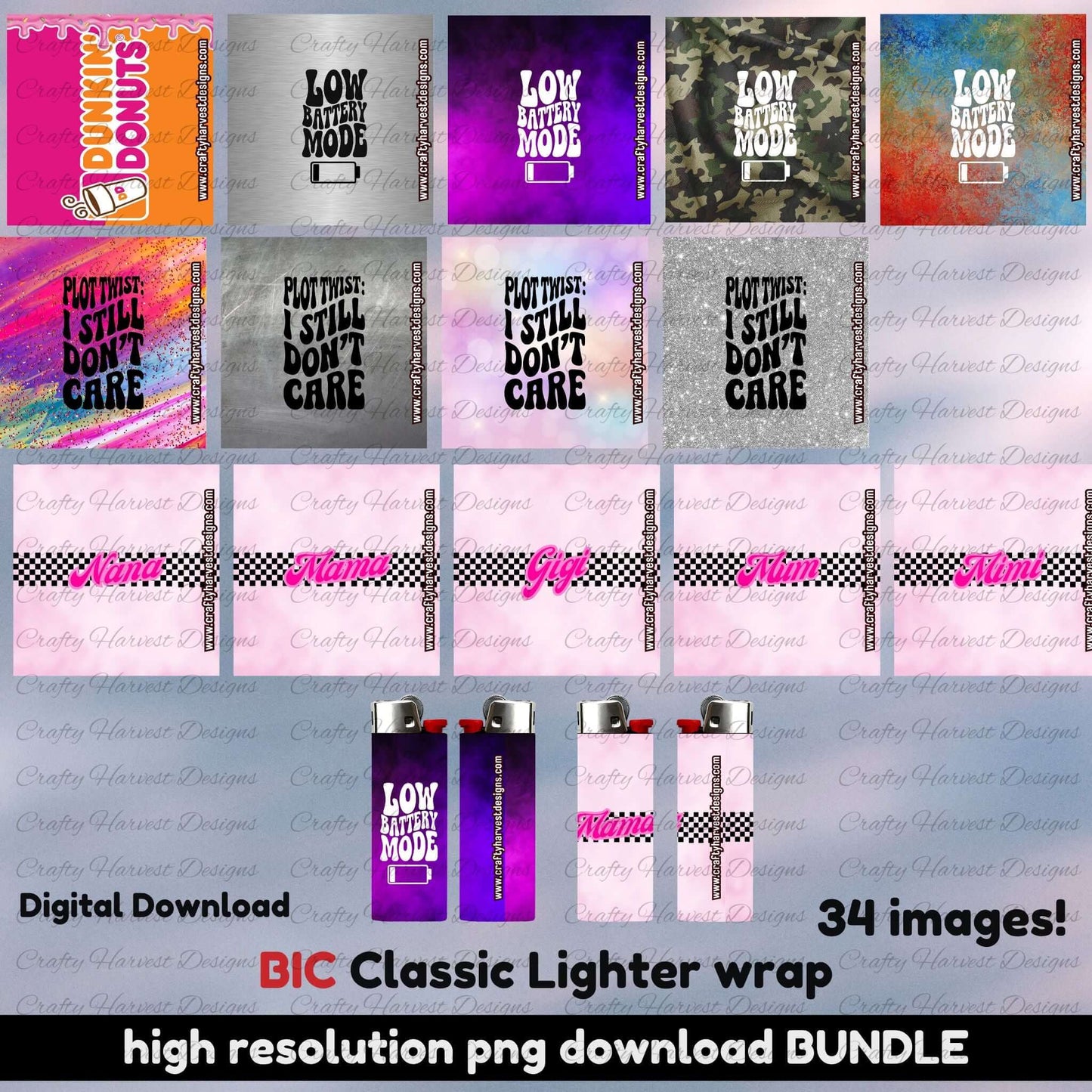 Collage preview of BIC Classic lighter wrap bundle featuring 34 playful PNG designs, including sassy quotes, gothic themes, farmhouse animals, cheeky dandelions, and fun patterns. High-resolution digital download for custom lighter projects