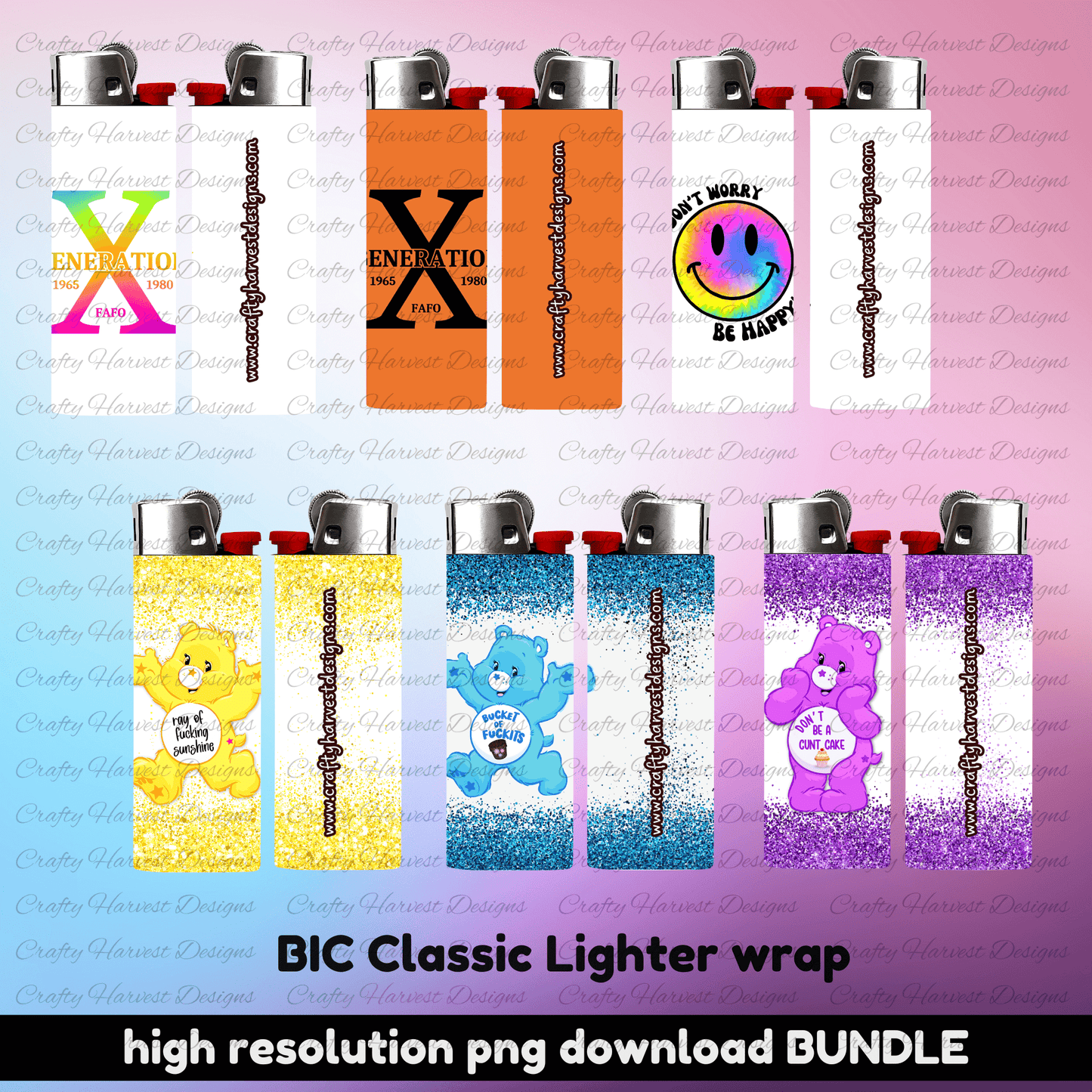 Mockup display of digital PNG bundle featuring 13 BIC Classic lighter wrap designs. Includes Gen X styles, smiley face graphic, and colorful retro bears with bold quotes. High-resolution images shown on lighter mockups with a gradient background.