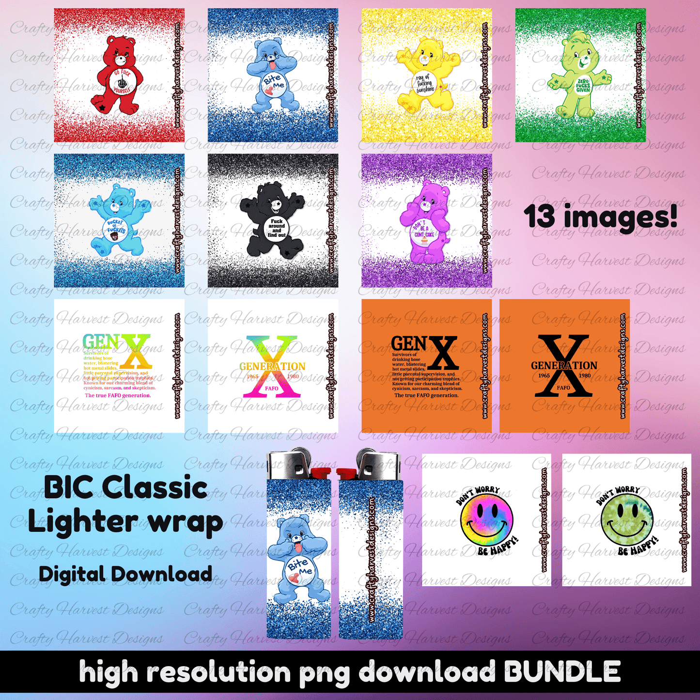 Overview of a digital PNG bundle featuring 13 BIC Classic lighter wrap designs. Includes retro bears, Gen X graphics, and colorful smiley faces. High-resolution printable wraps displayed in a grid layout with lighter mockups at the bottom.