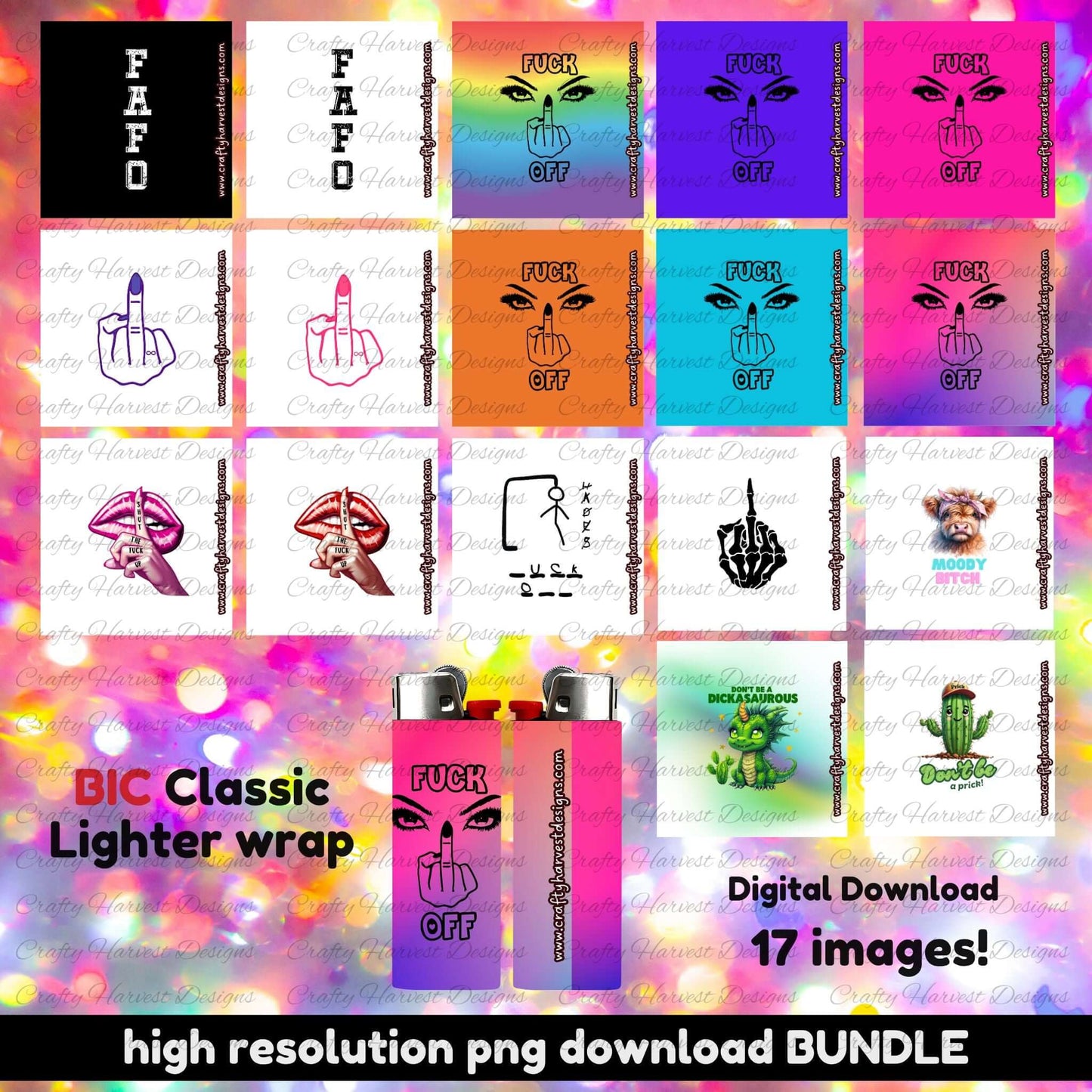 Digital mockup showing 17 high-resolution PNG lighter wrap designs for BIC Classic lighters. Designs feature bold, sassy phrases, lips, middle finger graphics, and playful sayings. ‘Digital download’ and ‘high resolution PNG download bundle’ text is included at the bottom. Bright, colorful background highlights the edgy and fun theme.