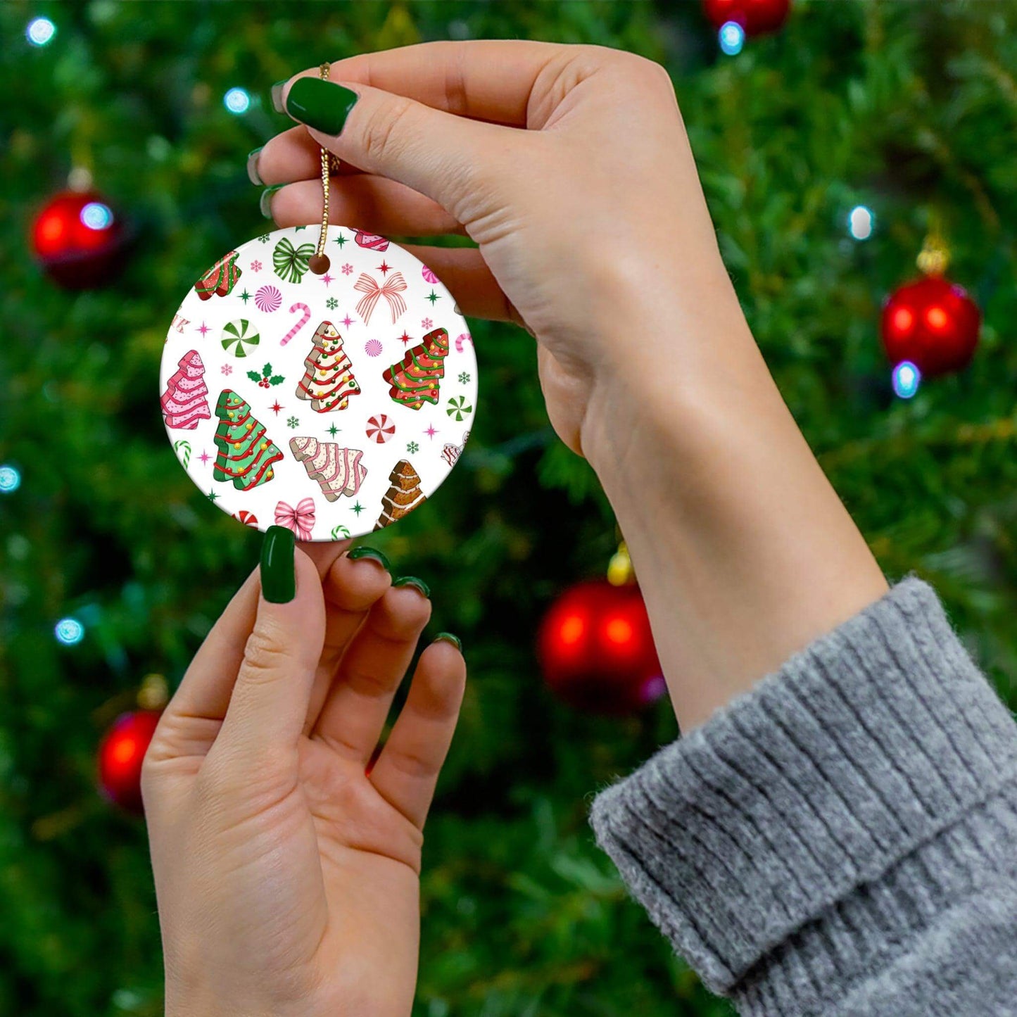 Christmas Tree Cakes and Bows, Ceramic Ornament - Crafty Harvest Designs