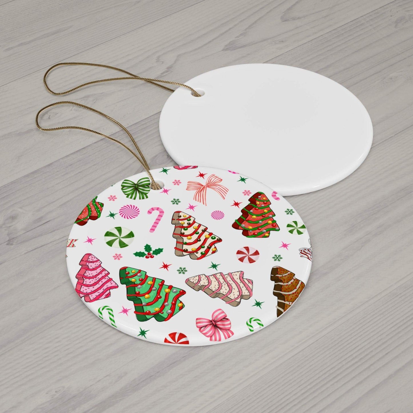 Christmas Tree Cakes and Bows, Ceramic Ornament - Crafty Harvest Designs