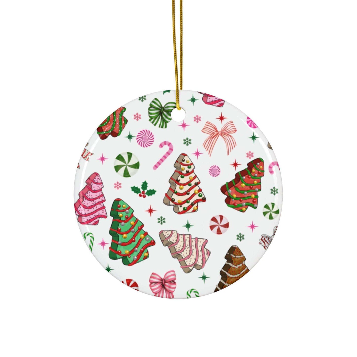 Christmas Tree Cakes and Bows, Ceramic Ornament - Crafty Harvest Designs