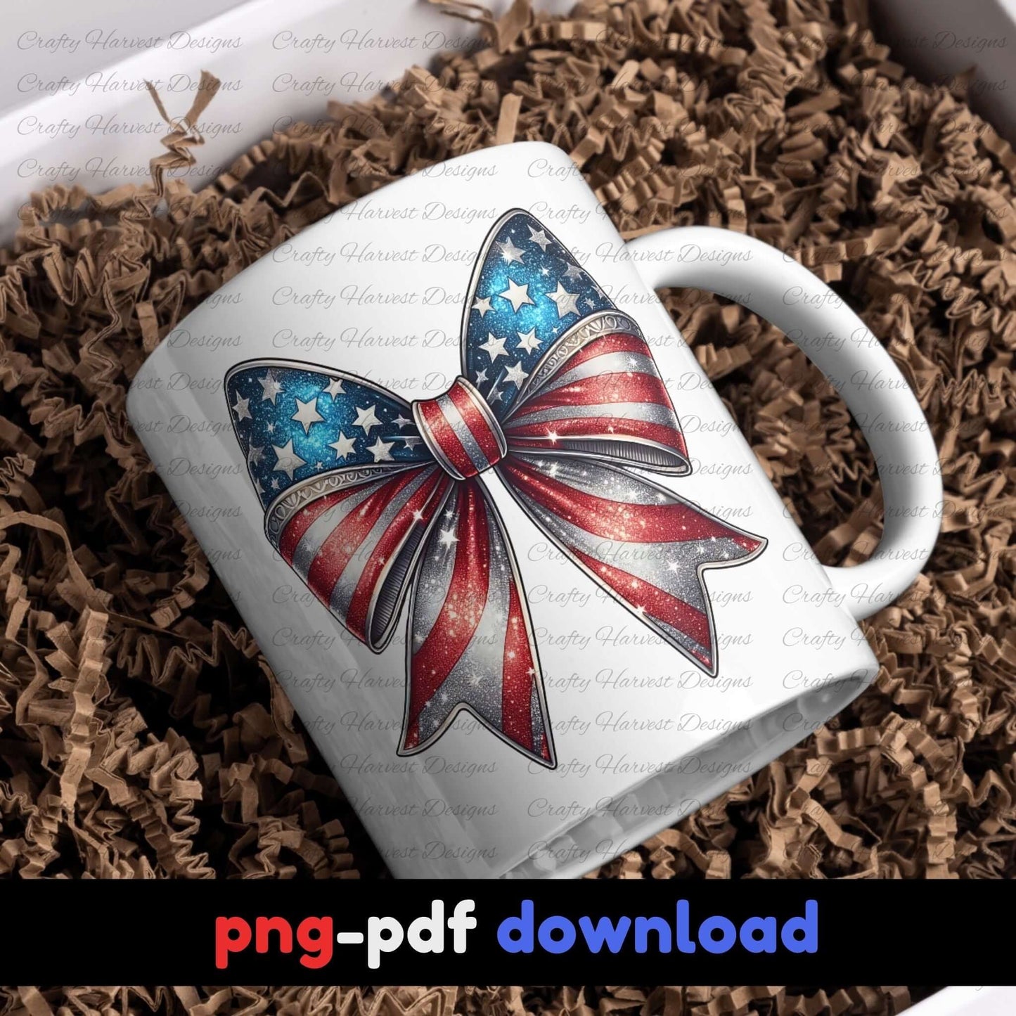 White ceramic mug displayed on a bed of brown crinkle paper, featuring a red, white, and blue patriotic bow design. Image promotes a digital download available in PNG and PDF formats.