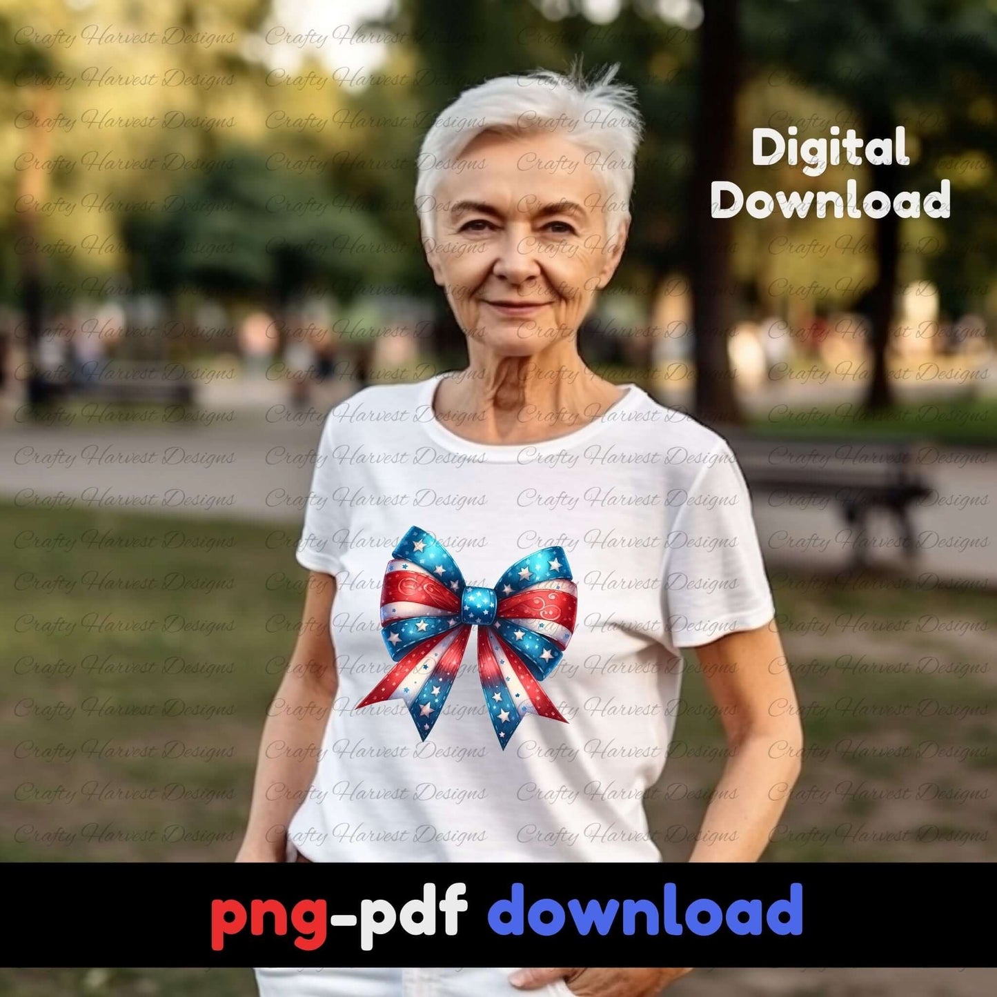woman standing outdoors in a park wearing a white t-shirt with a large red, white, and blue patriotic bow design. The image highlights a digital download available in PNG and PDF formats, with “Digital Download” text shown in the top right corner.