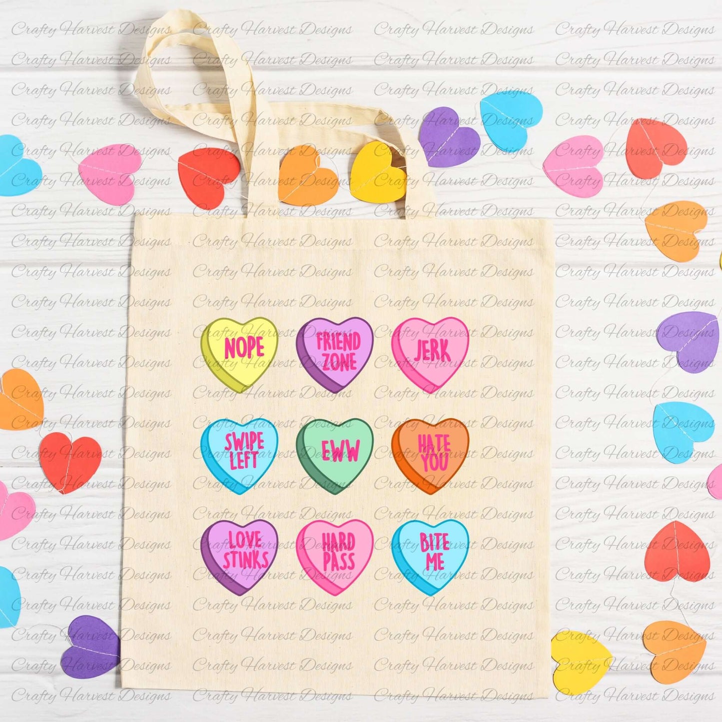 Tote bag mockup featuring the playful anti-Valentine’s conversation heart design with colorful hearts and phrases like “Nope,” “Friend Zone,” “Jerk,” “Swipe Left,” “Eww,” “Hate You,” “Love Stinks,” “Hard Pass,” and “Bite Me.” Background includes scattered colorful hearts for a fun and festive look. Perfect for DIY Valentine’s gifts and sublimation projects.