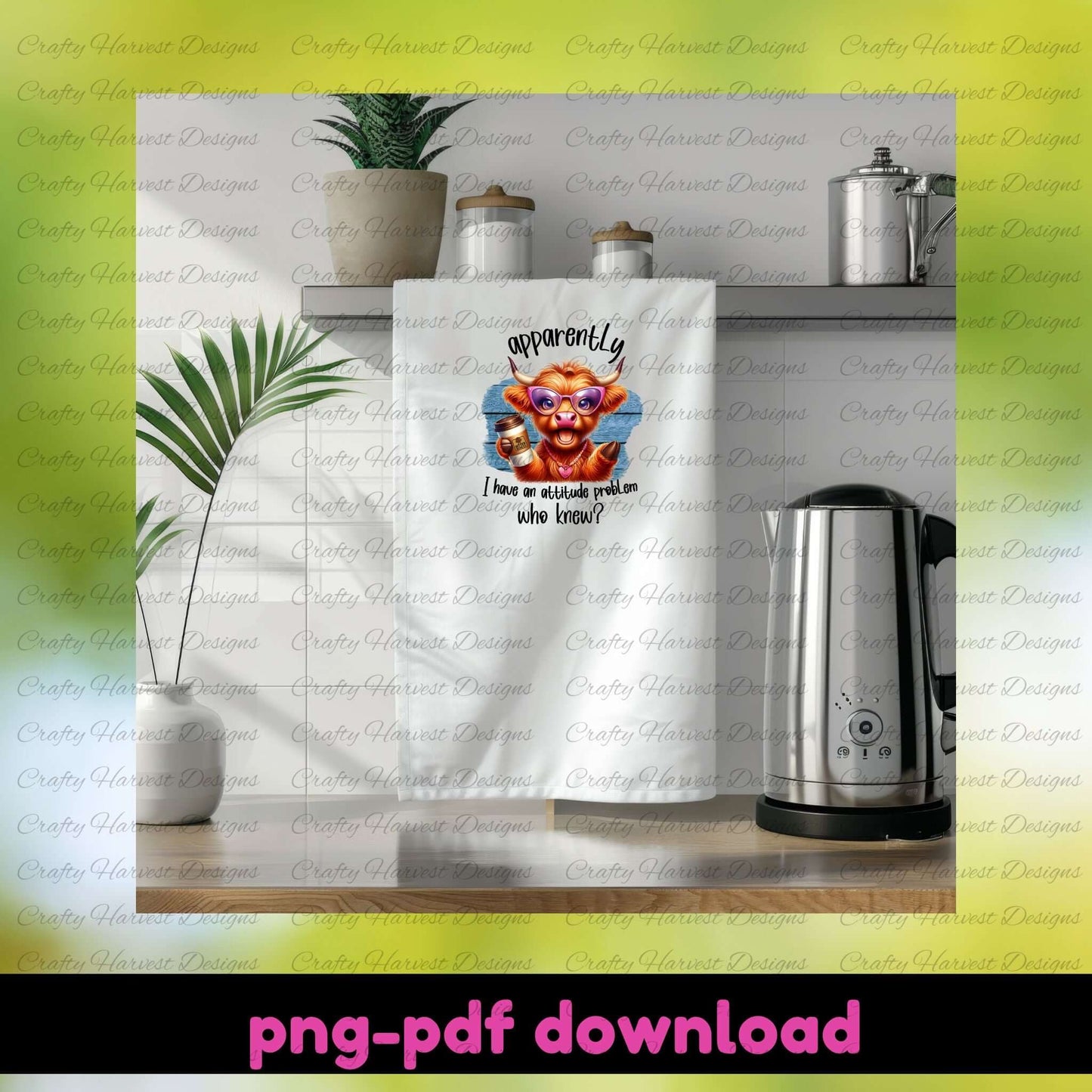 Towel with a cartoon character and text on a kitchen counter with a kettle and plants.