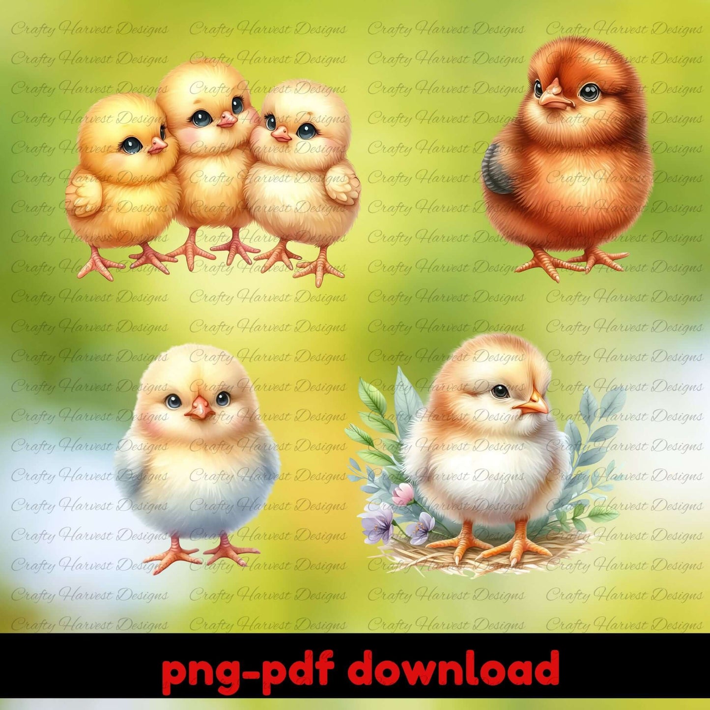 Illustration of chicks with a green background and 'Crafty Harvest Designs' watermark.