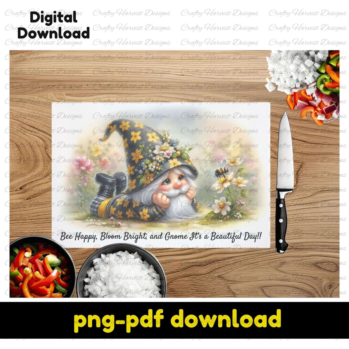 Digital download mockup of a glass cutting board featuring a gnome in a yellow floral hat, surrounded by bees and wildflowers. Includes the quote: ‘Bee Happy, Bloom Bright, and Gnome It’s a Beautiful Day!!’”