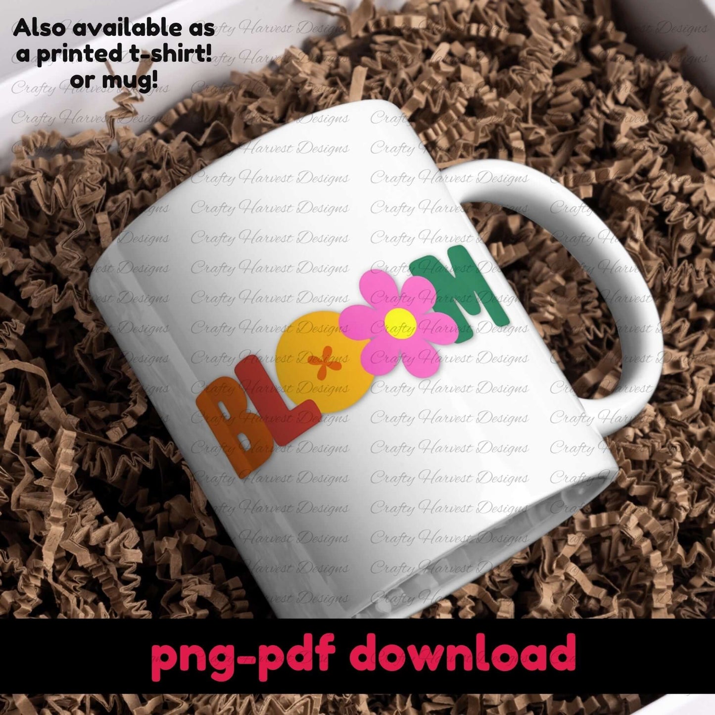 White ceramic mug featuring a retro BLOOM design with a colorful flower accent. PNG and PDF digital download.