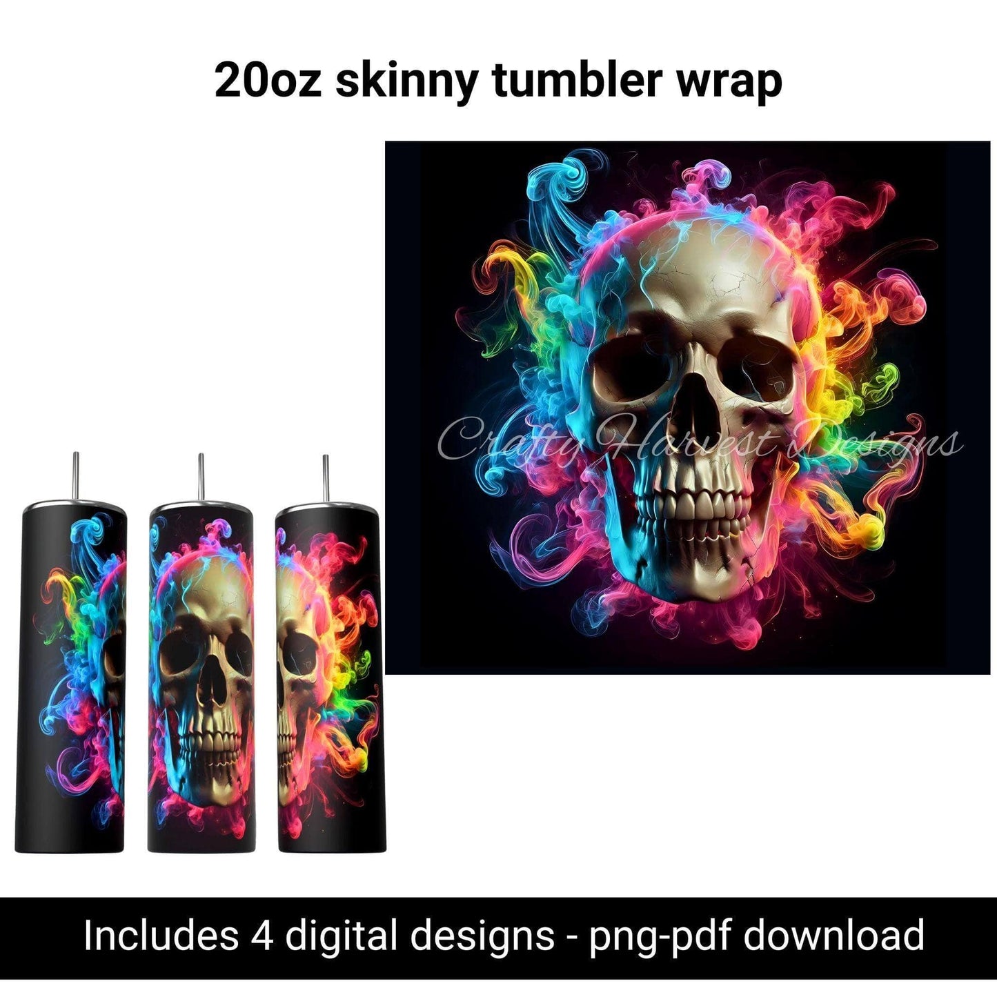 20oz Skinny Tumbler Wraps Bundle | Colorful Smoke Skull PNGs - Crafty Harvest Designs