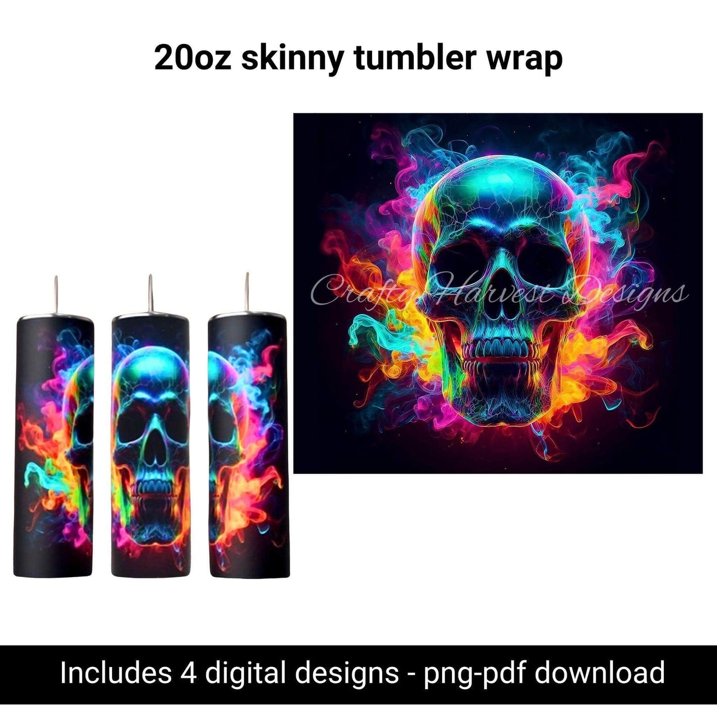 20oz Skinny Tumbler Wraps Bundle | Colorful Smoke Skull PNGs - Crafty Harvest Designs