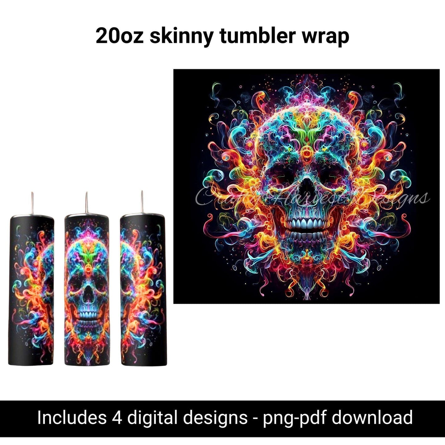 20oz Skinny Tumbler Wraps Bundle | Colorful Smoke Skull PNGs - Crafty Harvest Designs