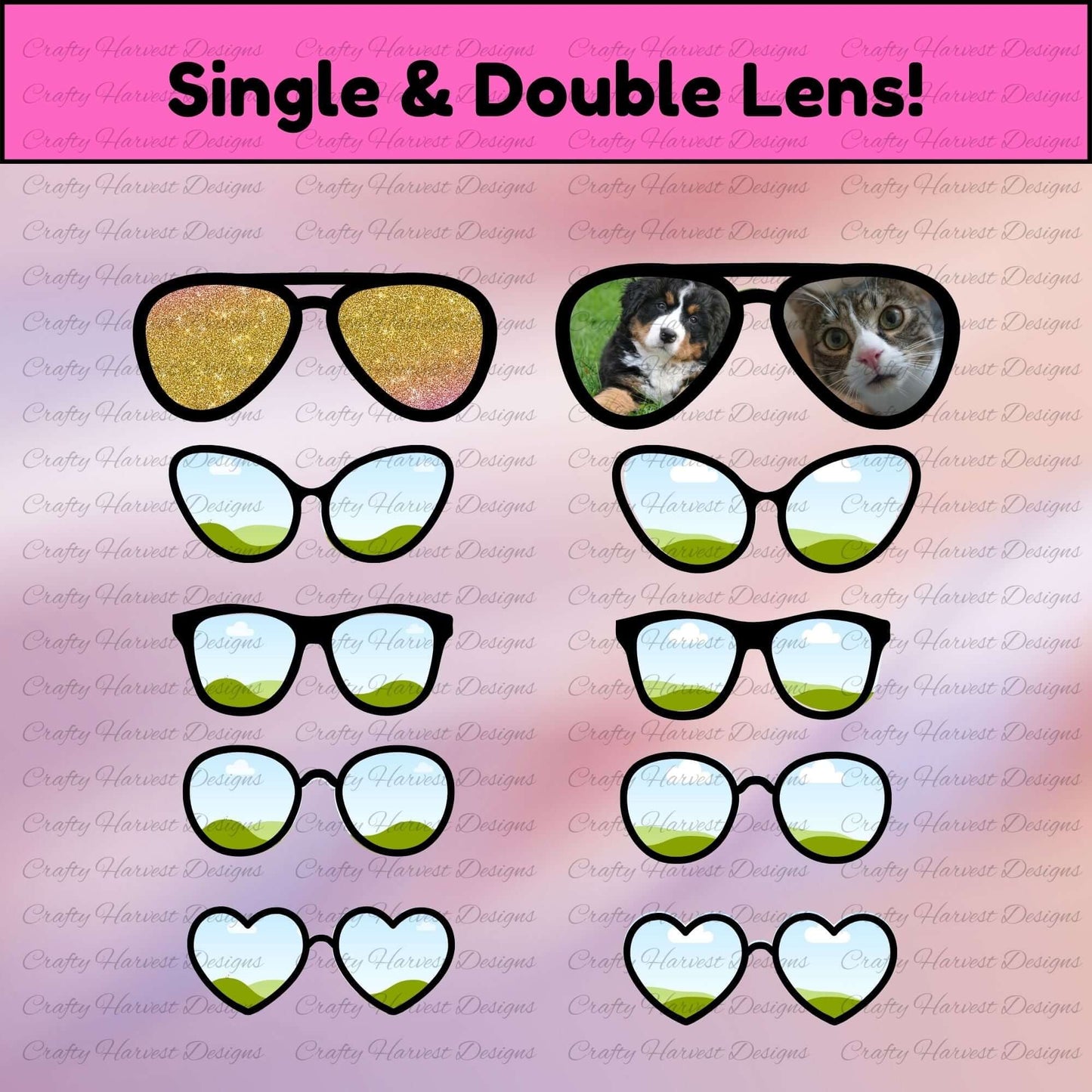 Canva frames with messy bun and glasses, various skin tones and glasses styles