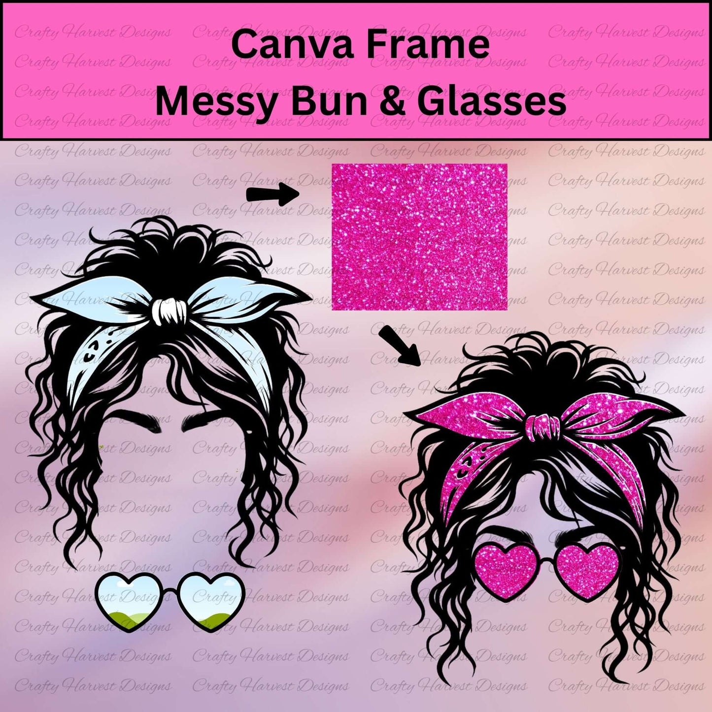 ssy bun with bow and leopard print sunglasses, digital frame bundle for Canva