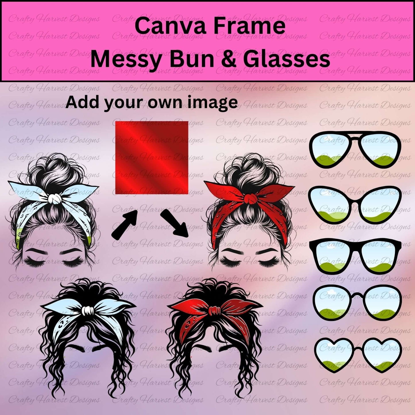 Messy bun and glasses frames in multiple styles, pink background, Canva template bundle
