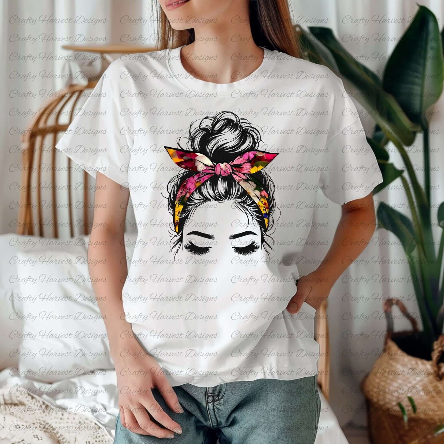 Mockup of messy bun Canva frame on white shirt, lifestyle setting