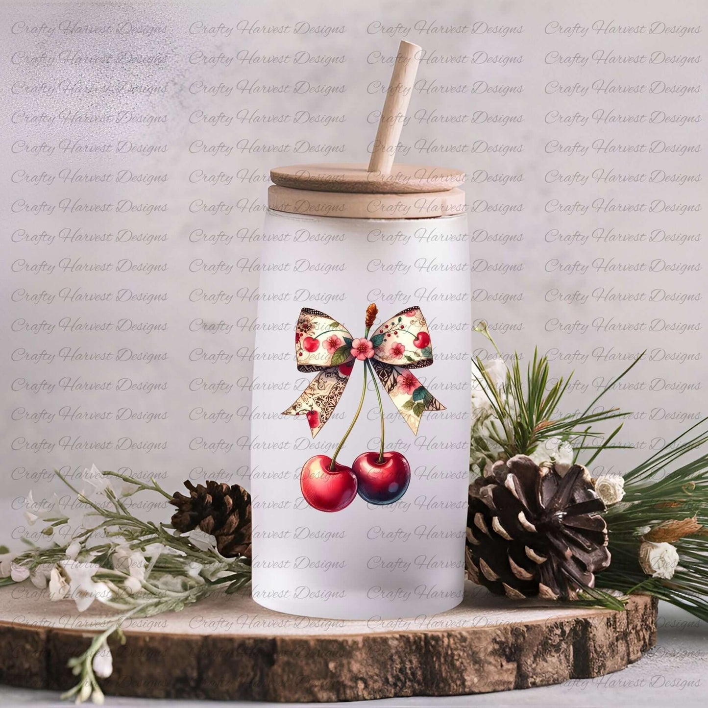 Glass can tumbler with a wooden lid featuring a floral cherry design adorned with a vintage-style bow. Perfect for unique drinkware and personalized gifts.