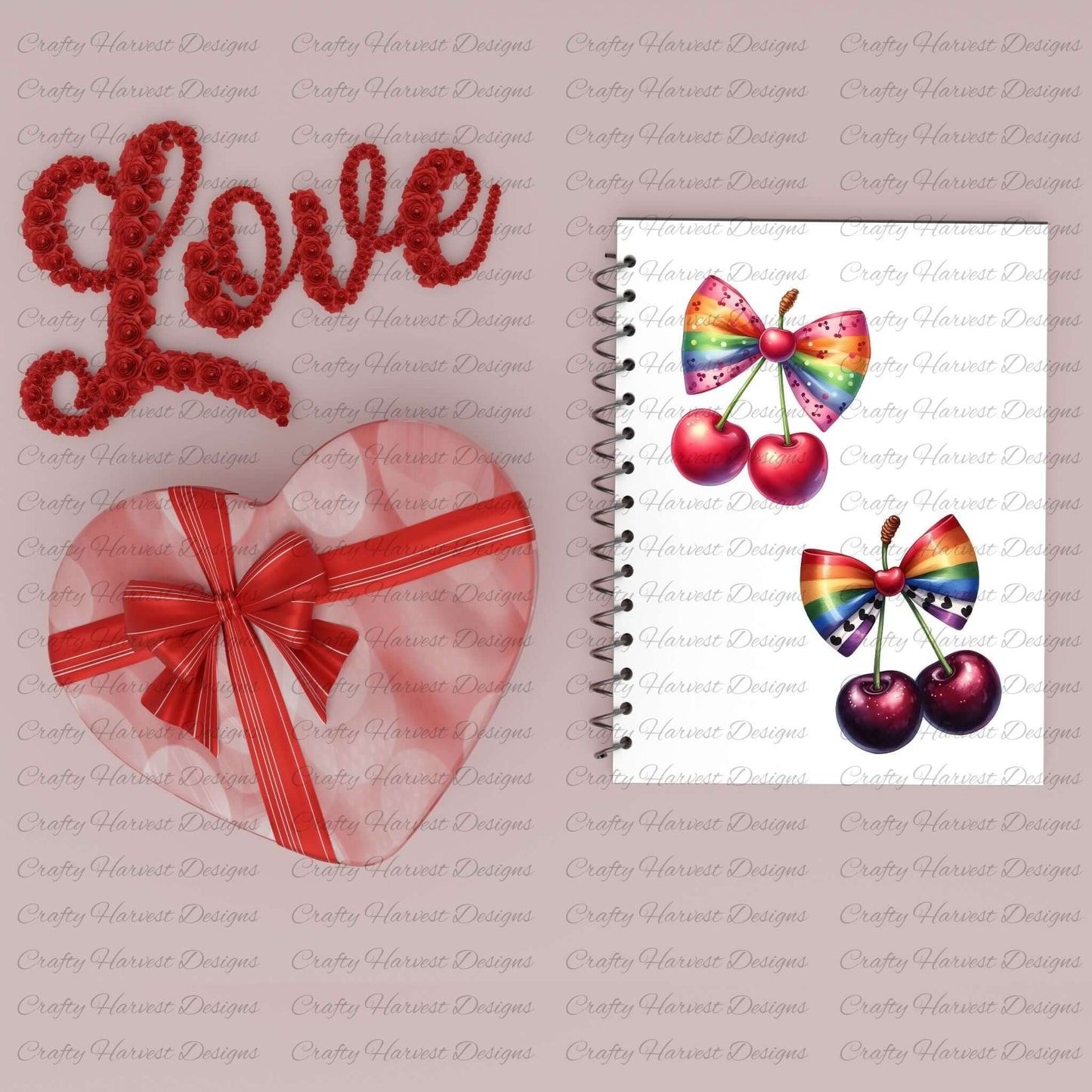 A flat-lay image featuring a spiral-bound notebook with rainbow-themed cherry designs on the cover, placed beside a red ribbon-wrapped heart-shaped gift box and a decorative red ‘Love’ sign made from small roses, all on a pink background.