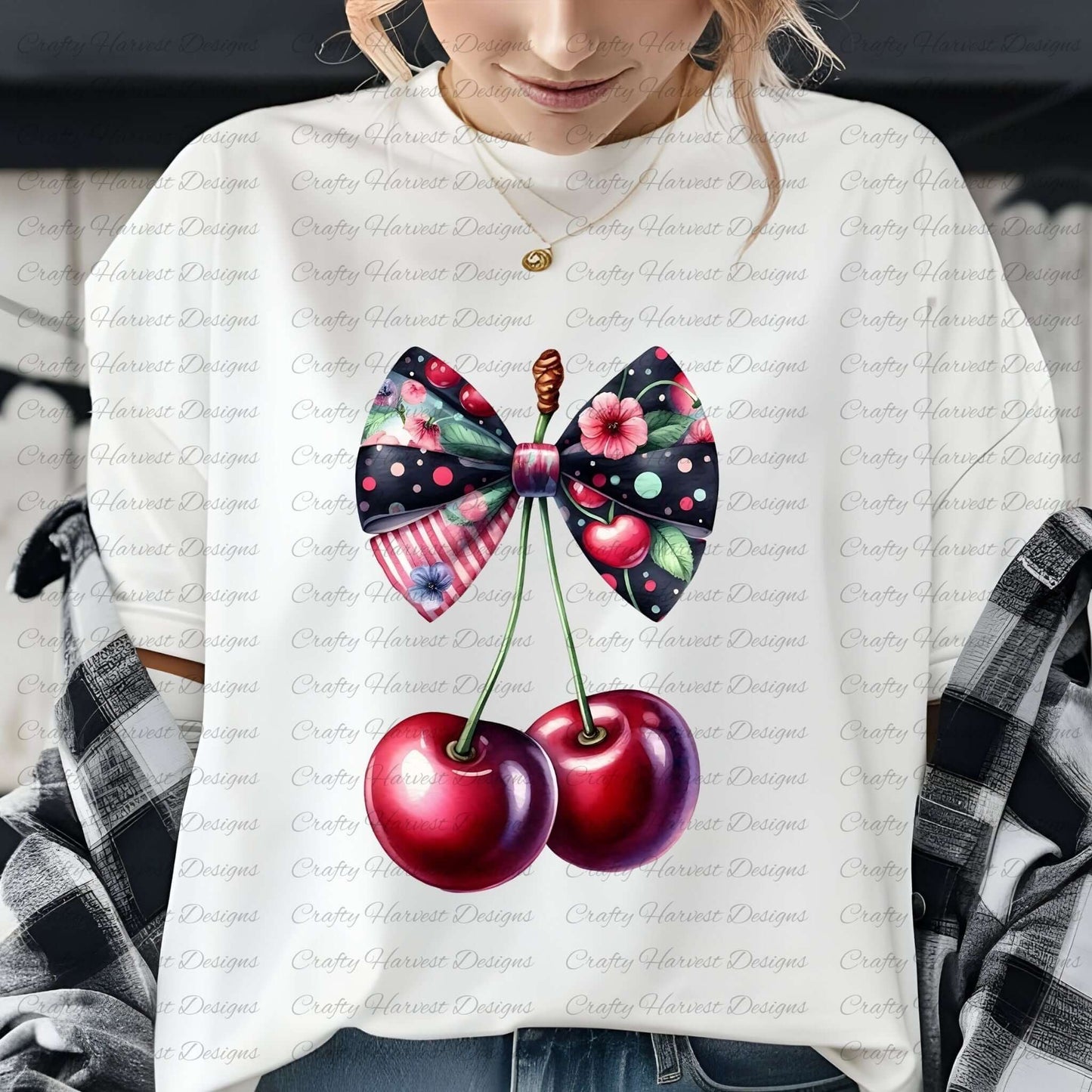 White t-shirt featuring a cherry design with a colorful floral and polka dot bow. The cherries have a deep red color, and the bow includes vibrant patterns of flowers, polka dots, and stripes.